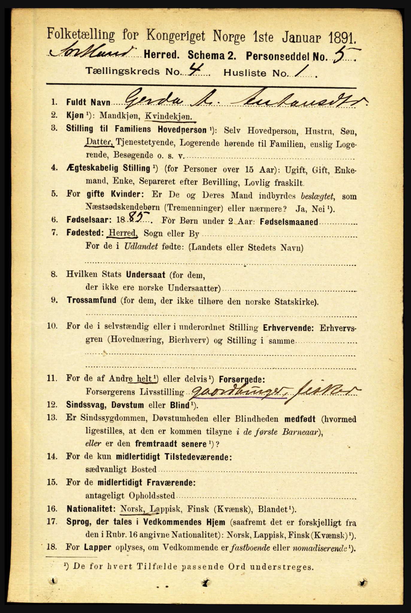 RA, 1891 census for 1870 Sortland, 1891, p. 2722