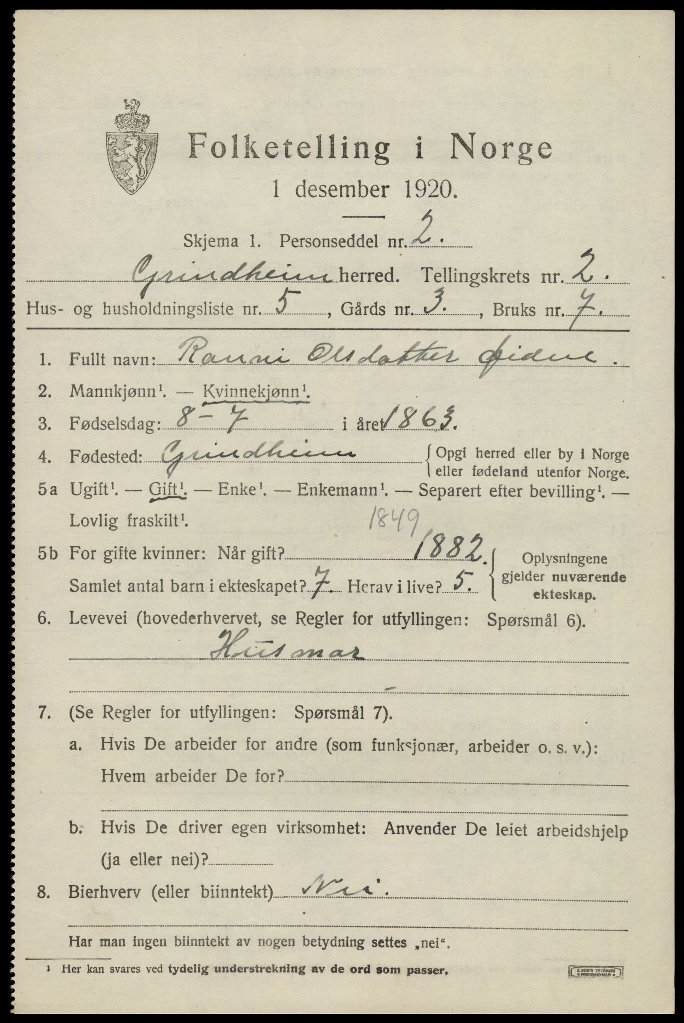 SAK, 1920 census for Grindheim, 1920, p. 595