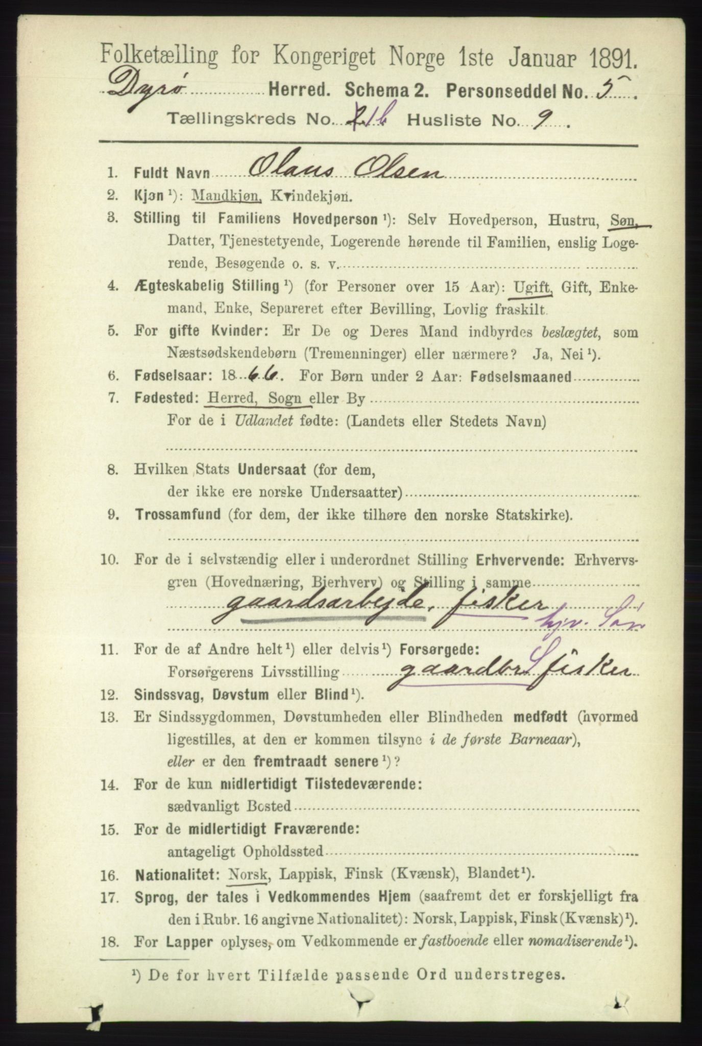 RA, 1891 census for 1926 Dyrøy, 1891, p. 448