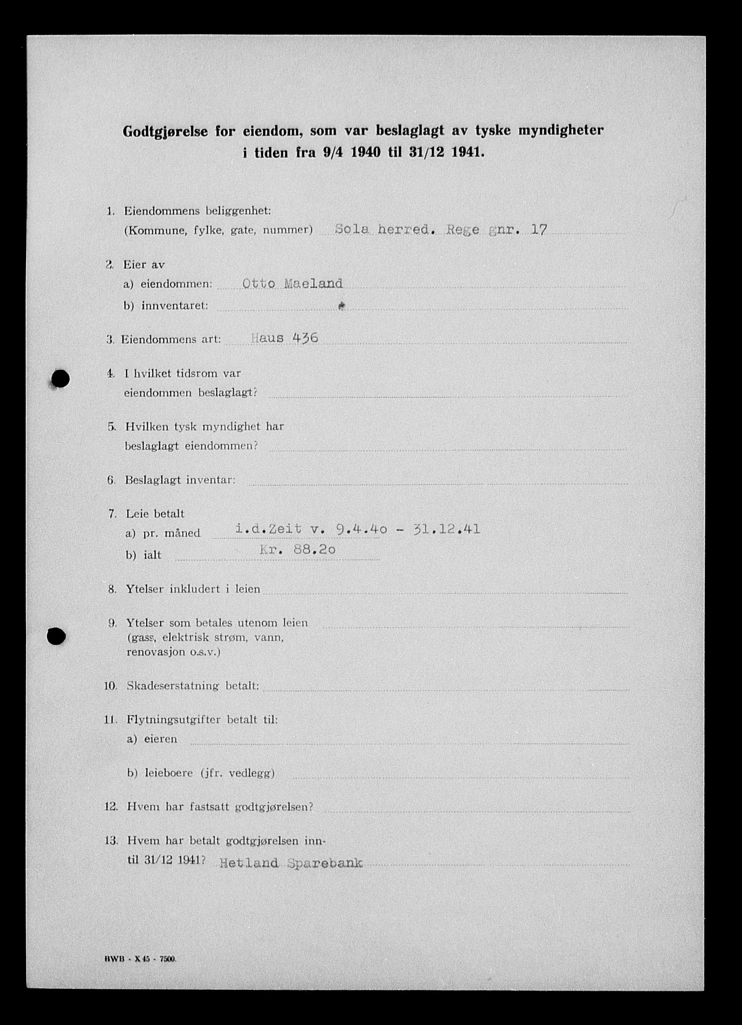 Justisdepartementet, Tilbakeføringskontoret for inndratte formuer, AV/RA-S-1564/I/L1014: Godtgjørelse for beslaglagt eiendom, 1940-1941, p. 538