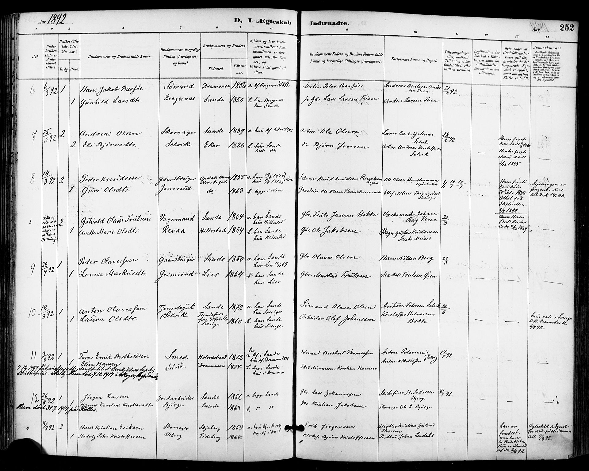 Sande Kirkebøker, SAKO/A-53/F/Fa/L0007: Parish register (official) no. 7, 1888-1903, p. 252