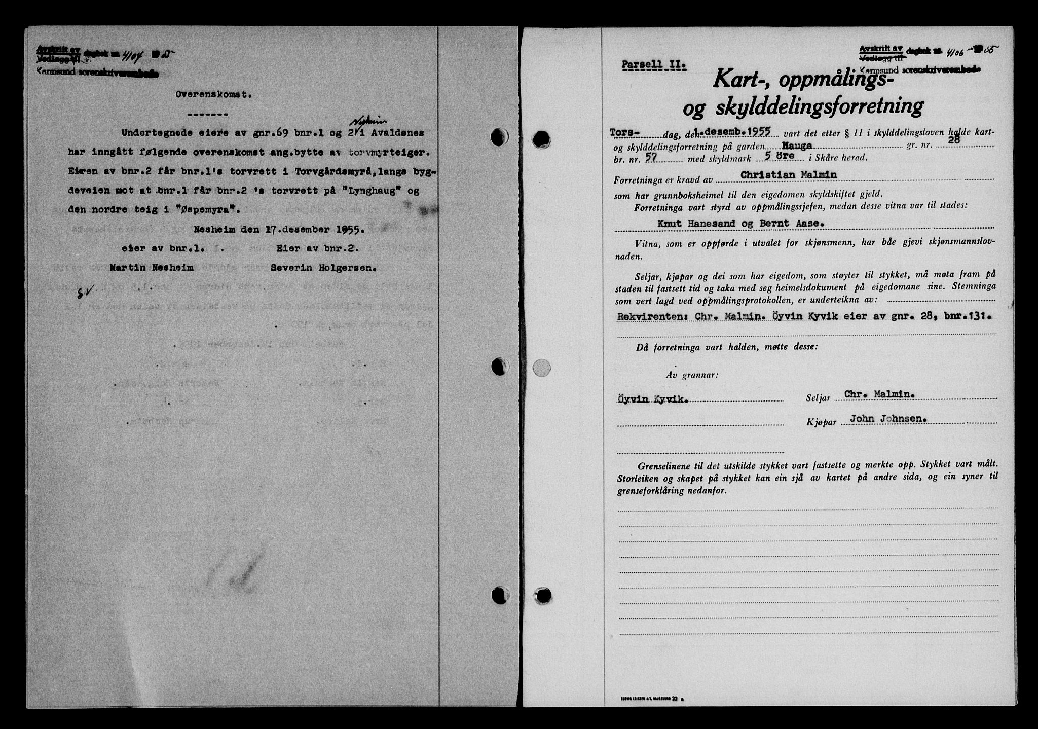 Karmsund sorenskriveri, AV/SAST-A-100311/01/II/IIB/L0118: Mortgage book no. 98A, 1955-1956, Diary no: : 4106/1955