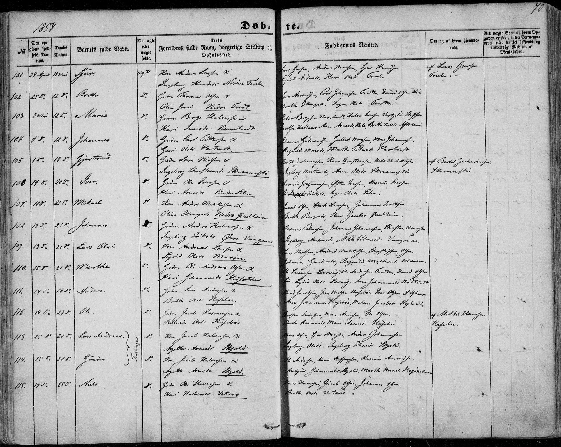 Manger sokneprestembete, AV/SAB-A-76801/H/Haa: Parish register (official) no. A 6, 1849-1859, p. 70