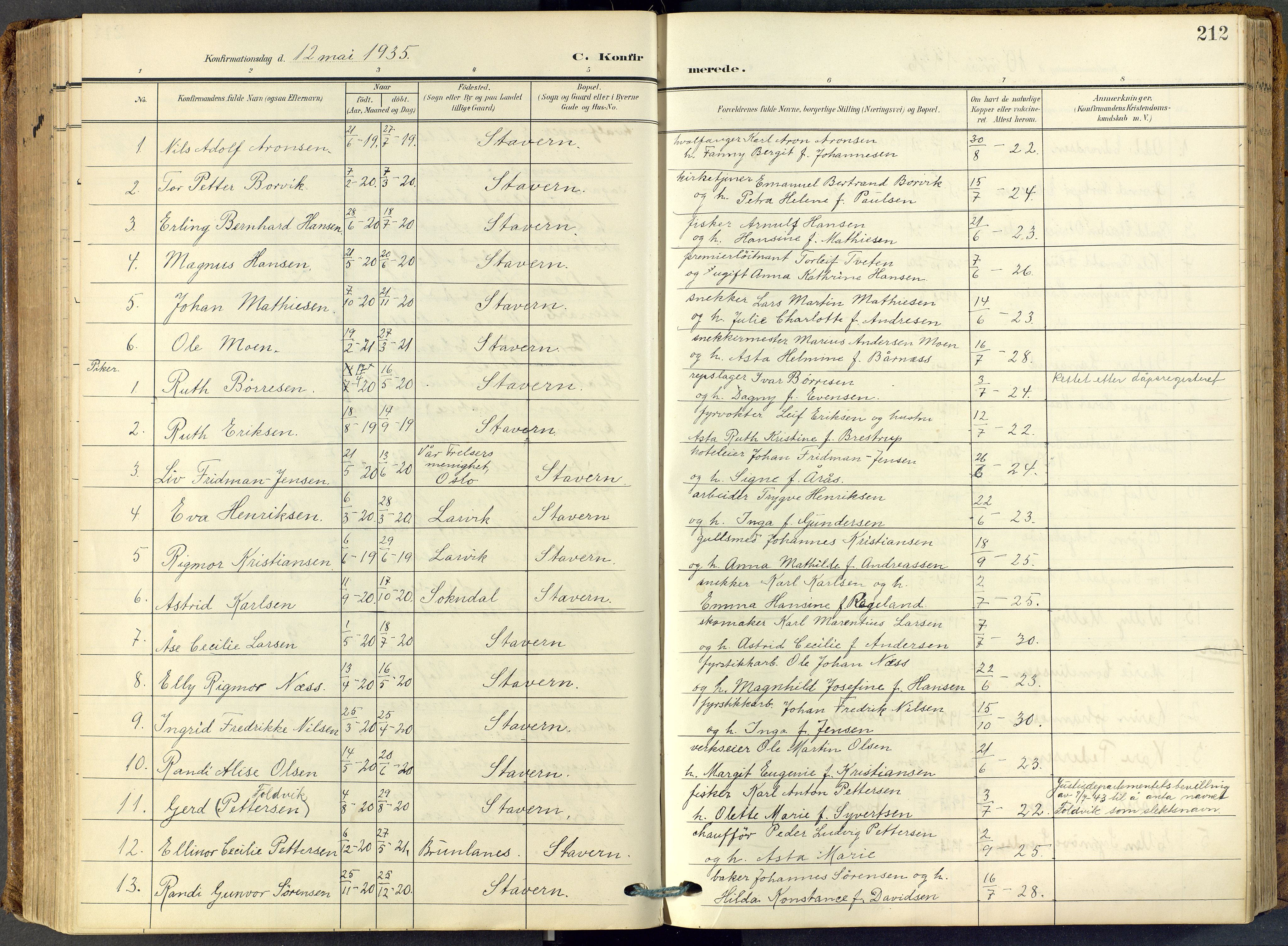 Stavern kirkebøker, SAKO/A-318/F/Fa/L0009: Parish register (official) no. 9, 1906-1955, p. 212