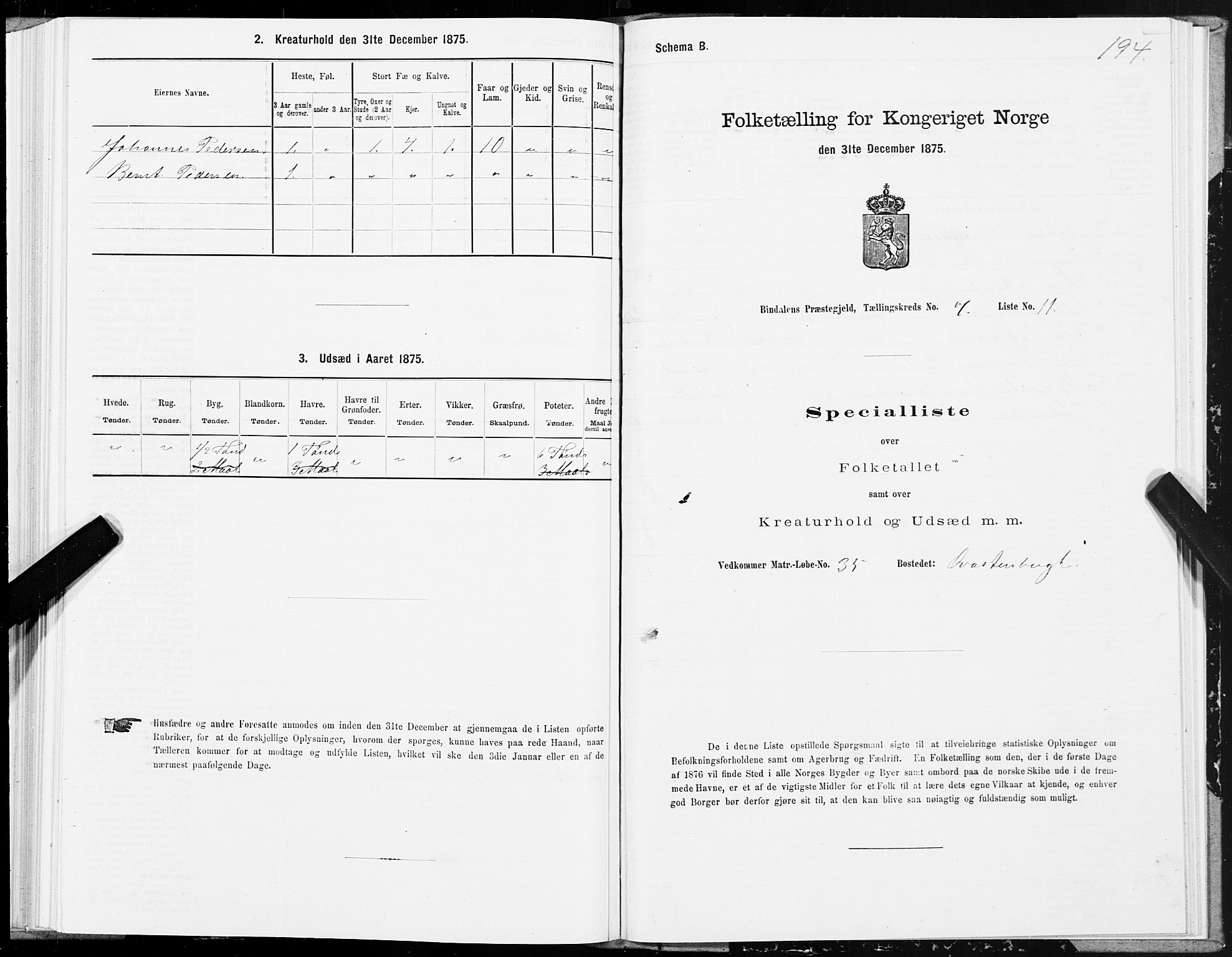 SAT, 1875 census for 1811P Bindal, 1875, p. 2194
