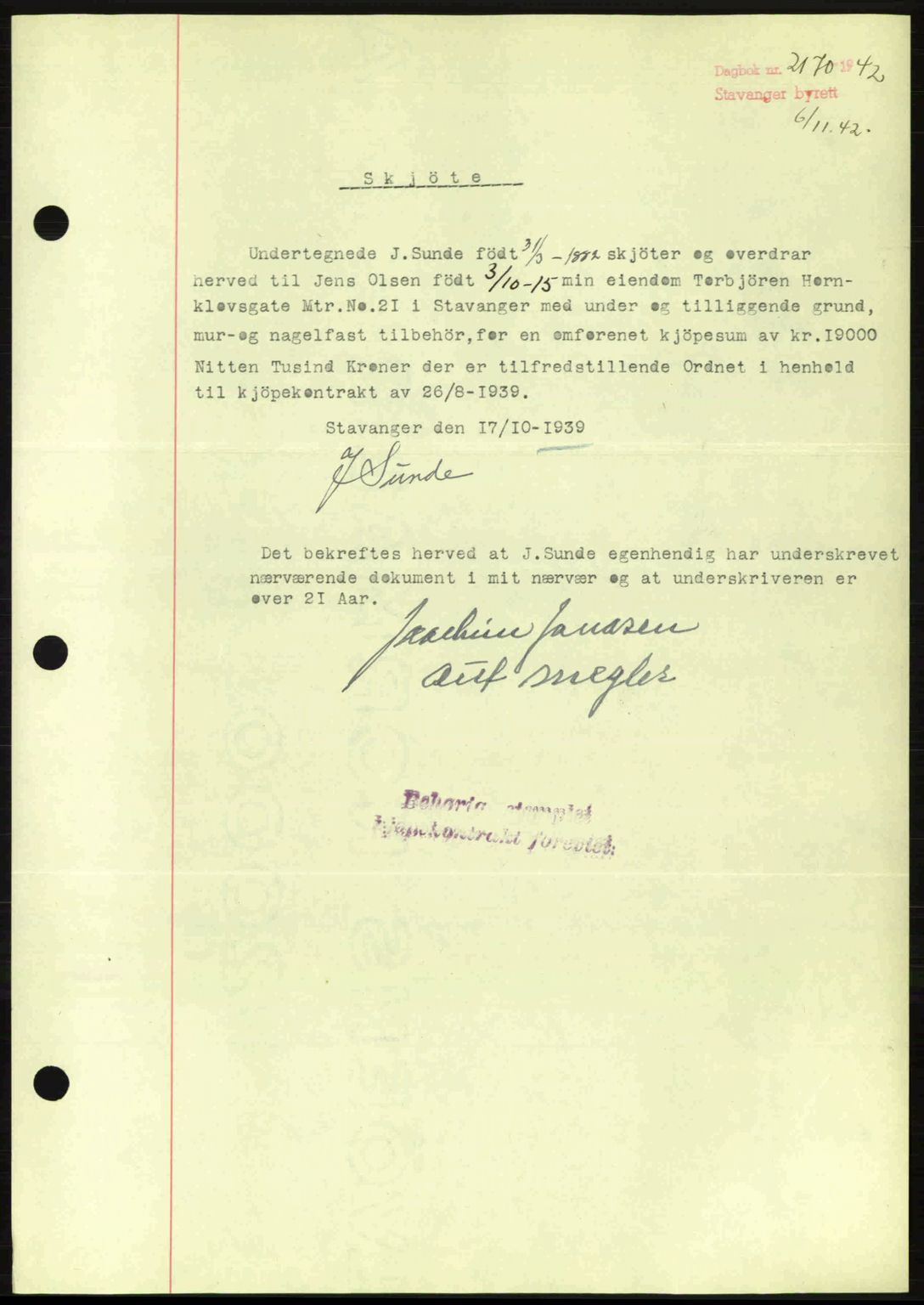 Stavanger byrett, SAST/A-100455/002/G/Gb/L0017: Mortgage book no. A7, 1941-1943, Diary no: : 2170/1942