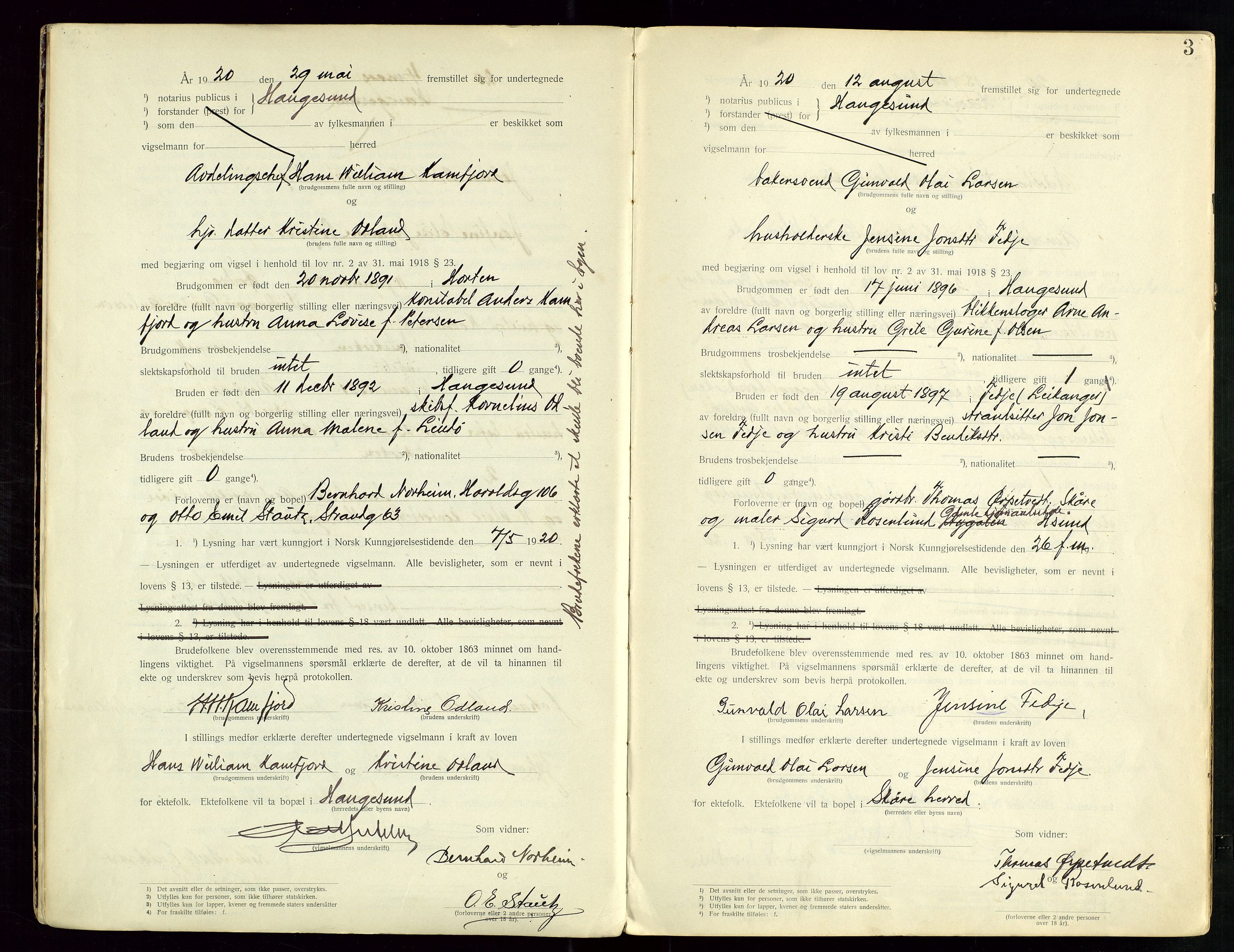 Haugesund tingrett, AV/SAST-A-101415/01/III/IIID/L0001: Vigselbok, 1920-1938, p. 3