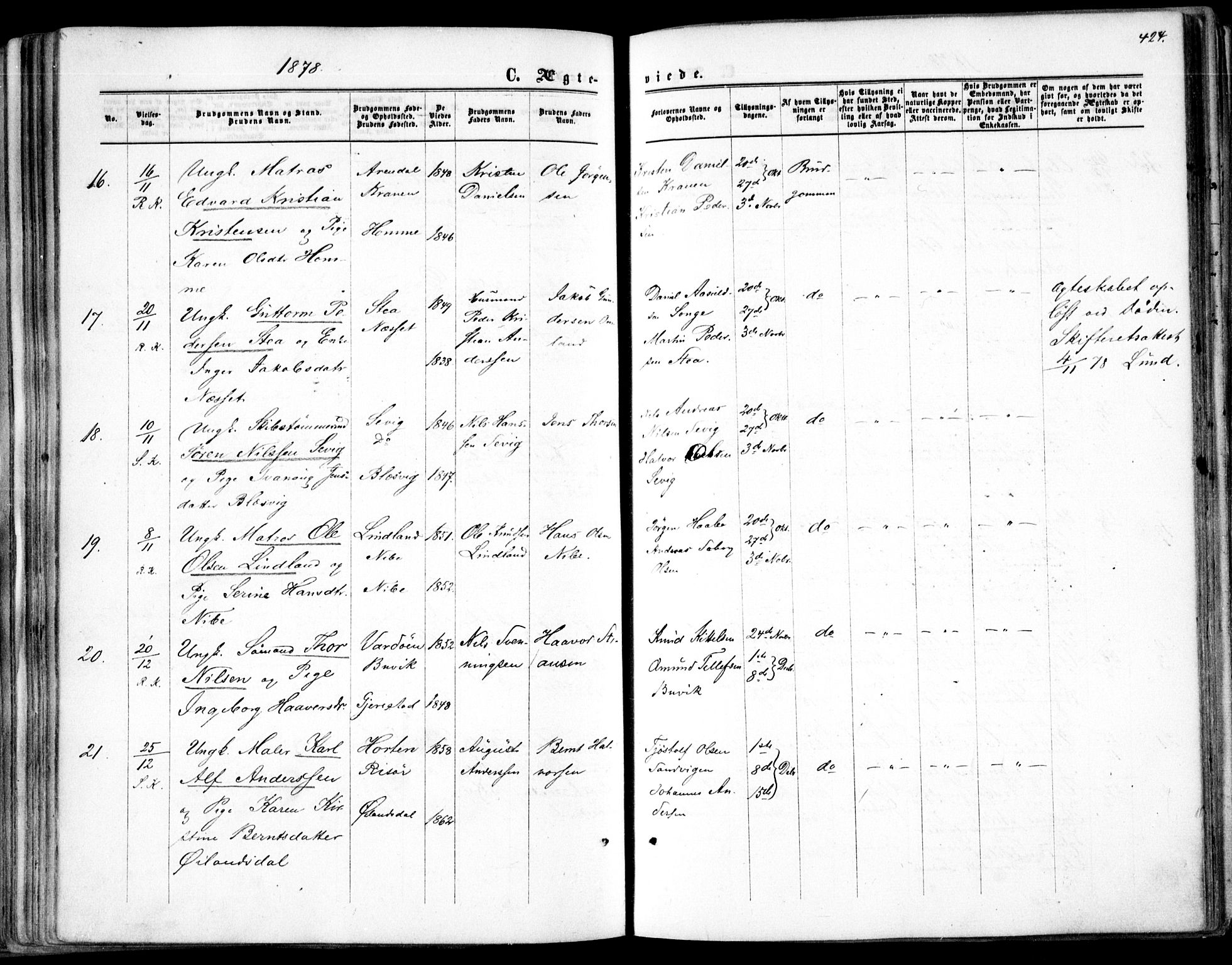 Søndeled sokneprestkontor, AV/SAK-1111-0038/F/Fa/L0003: Parish register (official) no. A 3, 1861-1879, p. 424