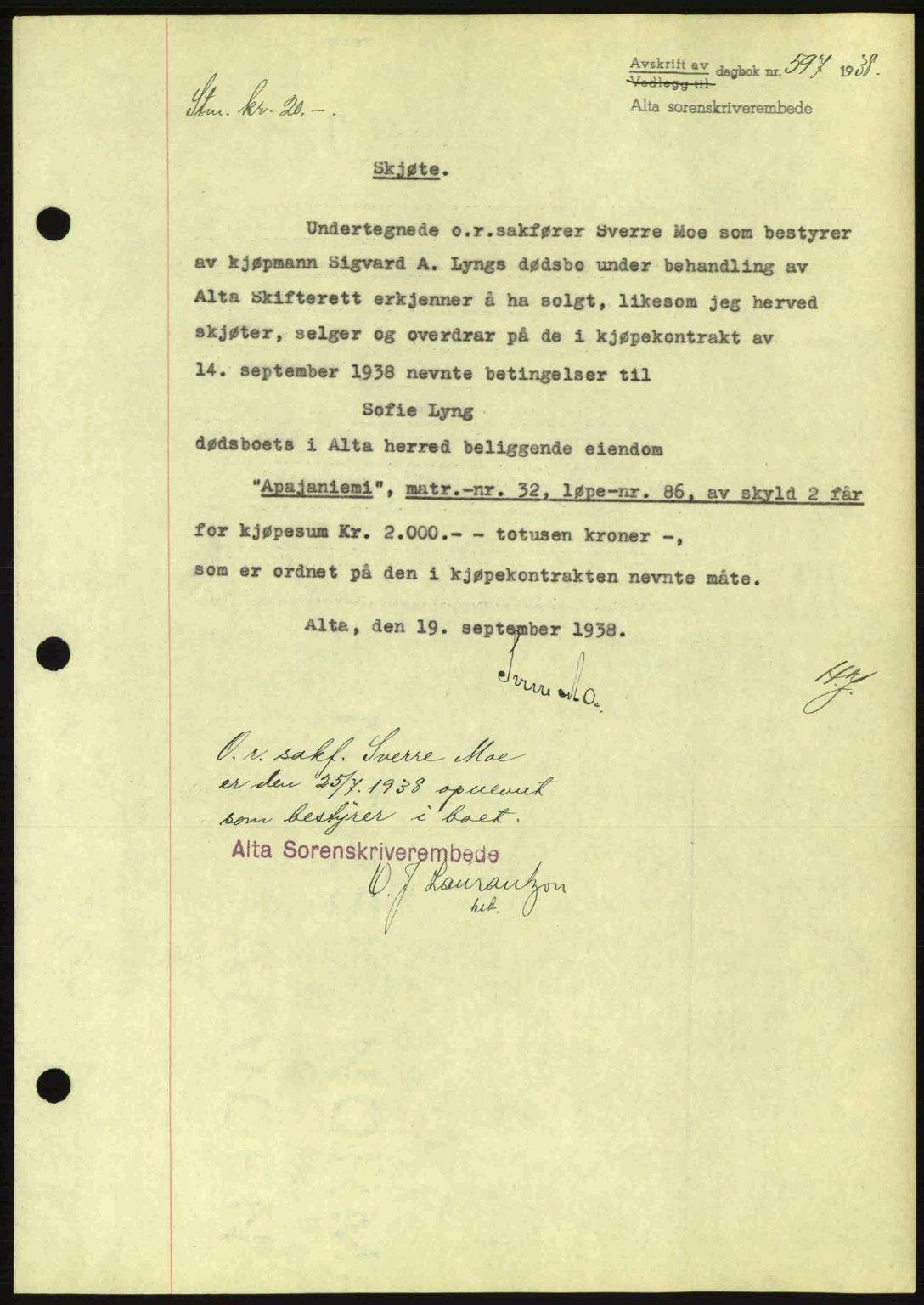 Alta fogderi/sorenskriveri, SATØ/SATØ-5/1/K/Kd/L0031pantebok: Mortgage book no. 31, 1938-1939, Diary no: : 597/1938