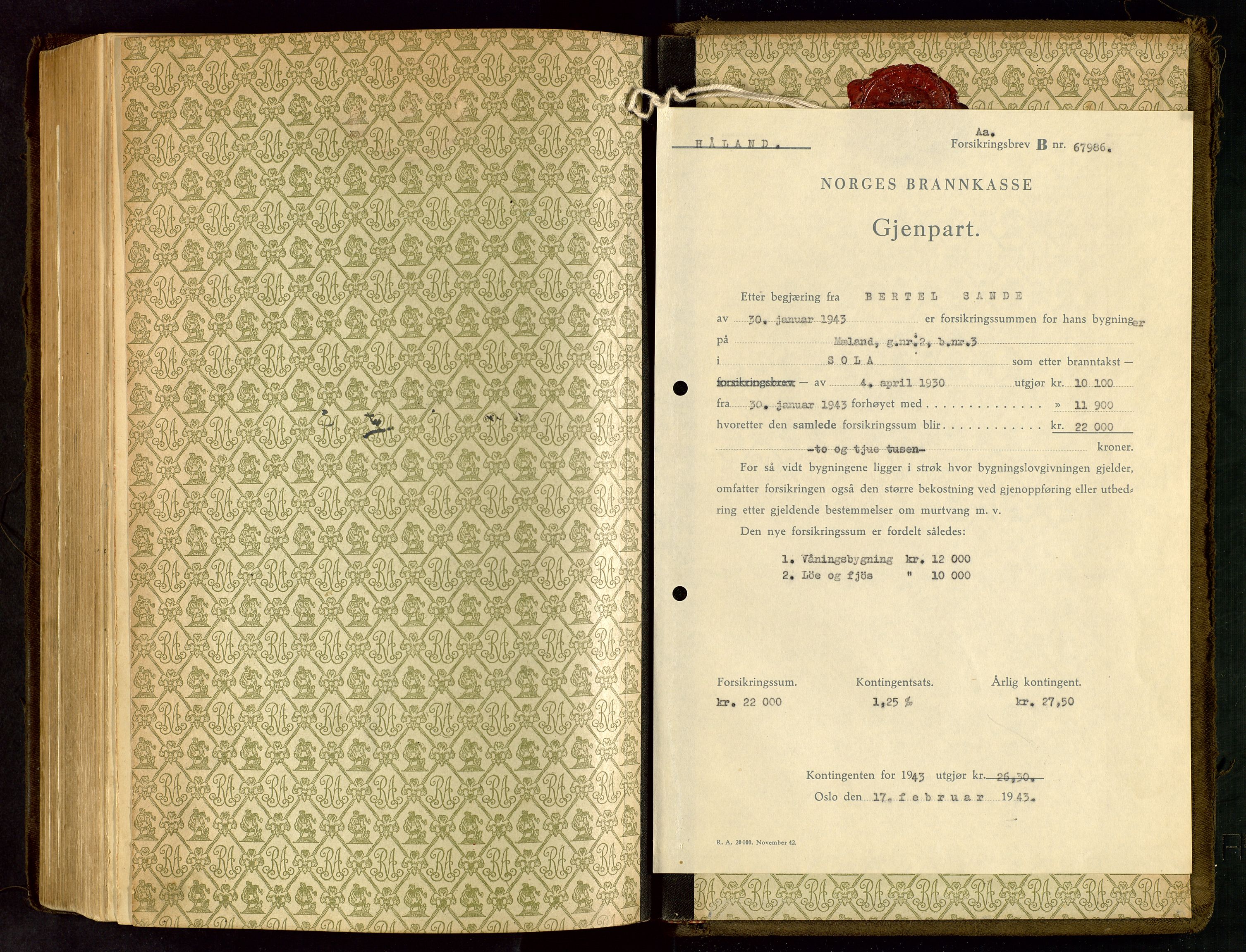 Håland lensmannskontor, SAST/A-100100/Go/L0005: "Brandtakstprotokoll"  Register i boken., 1929-1948