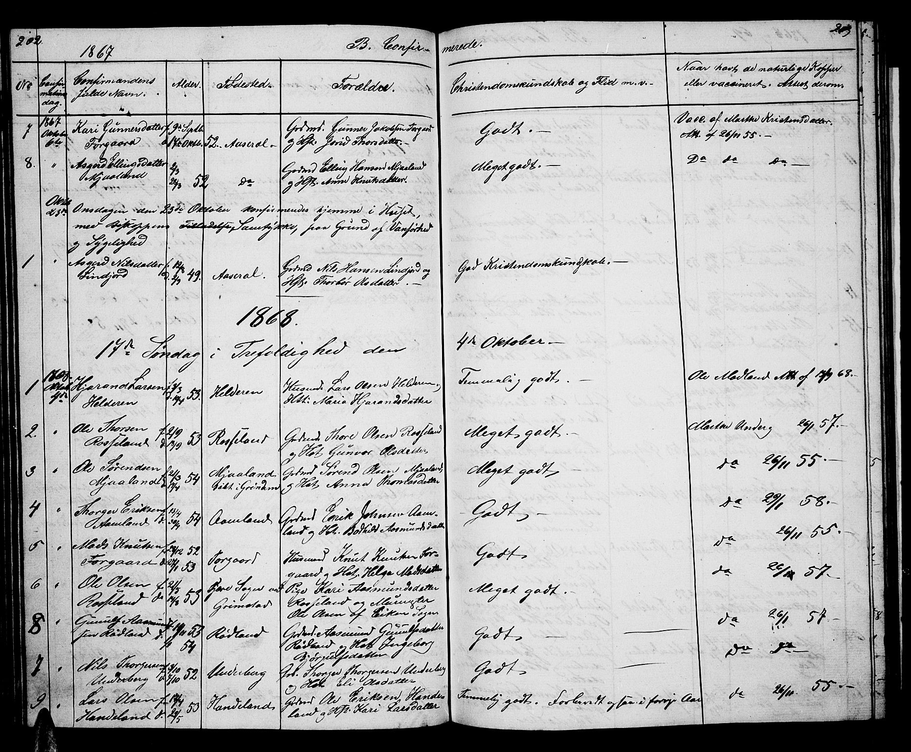 Åseral sokneprestkontor, AV/SAK-1111-0051/F/Fb/L0001: Parish register (copy) no. B 1, 1856-1877, p. 202-203