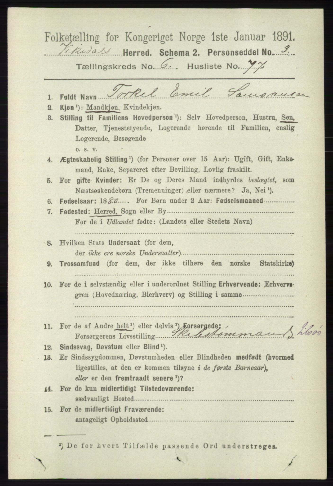 RA, 1891 census for 1157 Vikedal, 1891, p. 1985