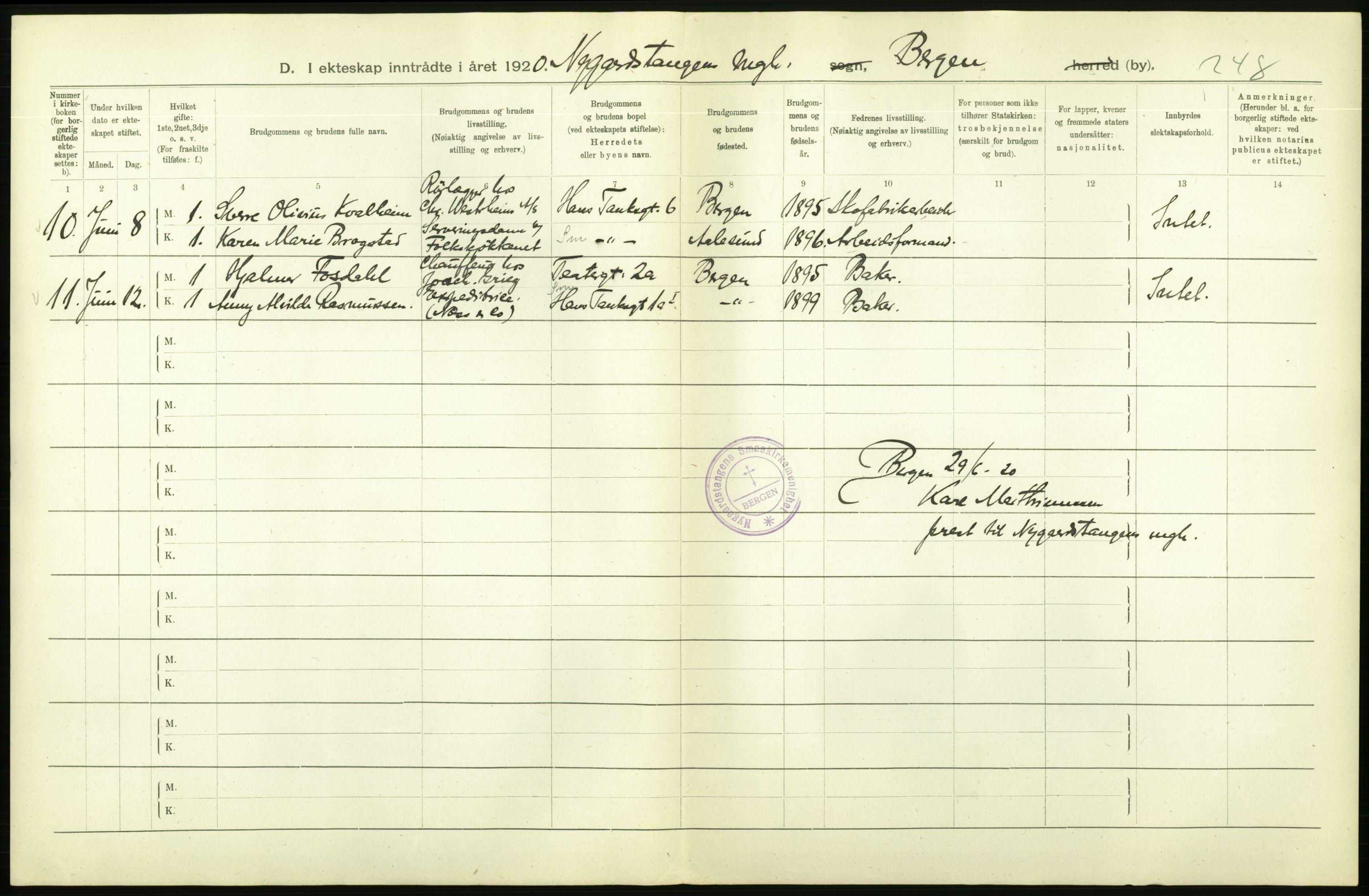 Statistisk sentralbyrå, Sosiodemografiske emner, Befolkning, AV/RA-S-2228/D/Df/Dfb/Dfbj/L0042: Bergen: Gifte, døde, dødfødte., 1920, p. 16