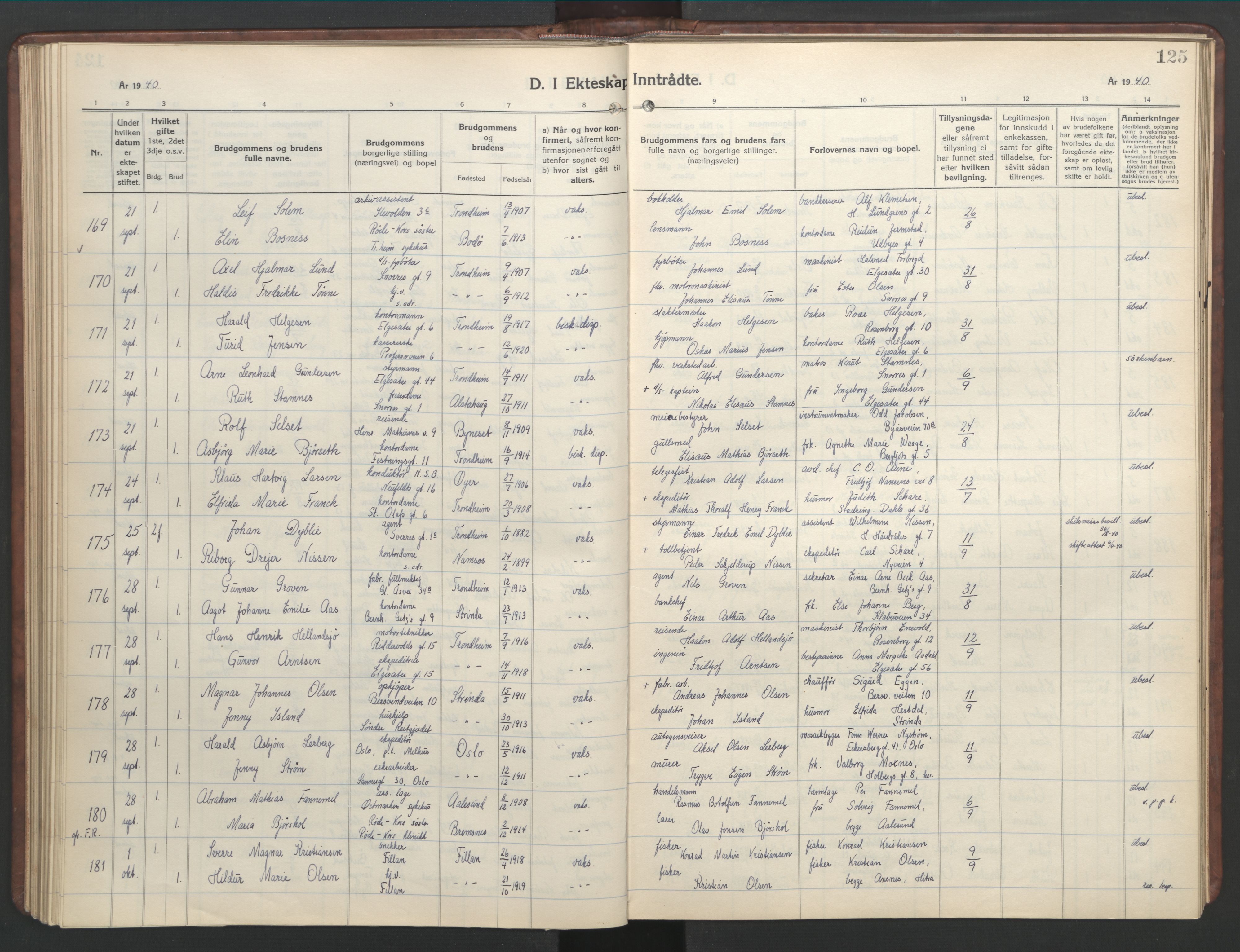 Ministerialprotokoller, klokkerbøker og fødselsregistre - Sør-Trøndelag, SAT/A-1456/601/L0101: Parish register (copy) no. 601C19, 1935-1946, p. 125