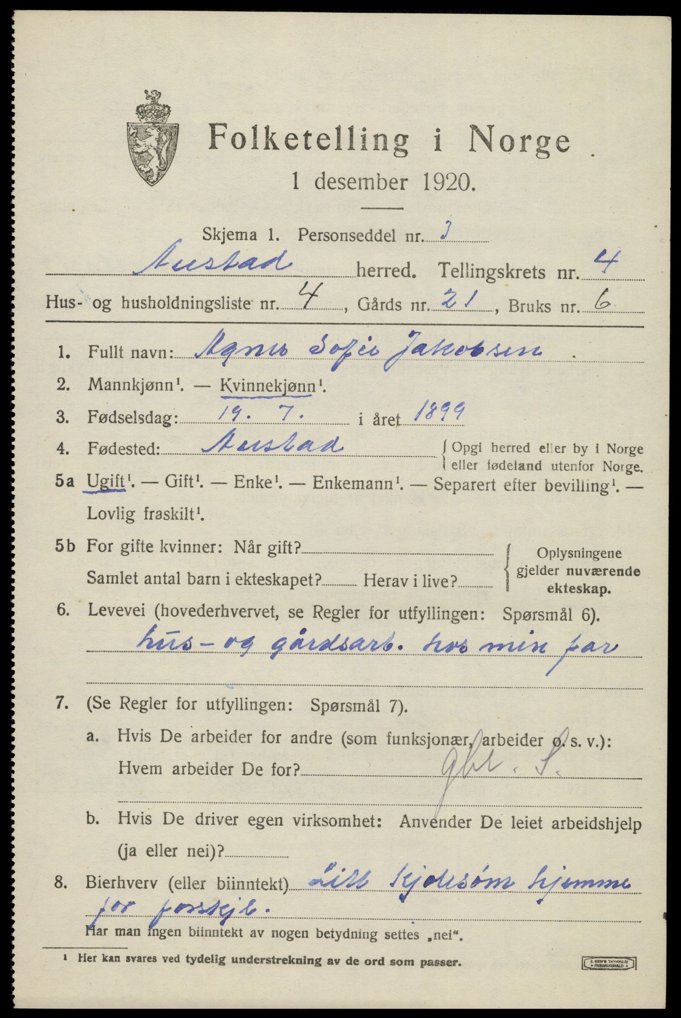 SAK, 1920 census for Austad, 1920, p. 1443