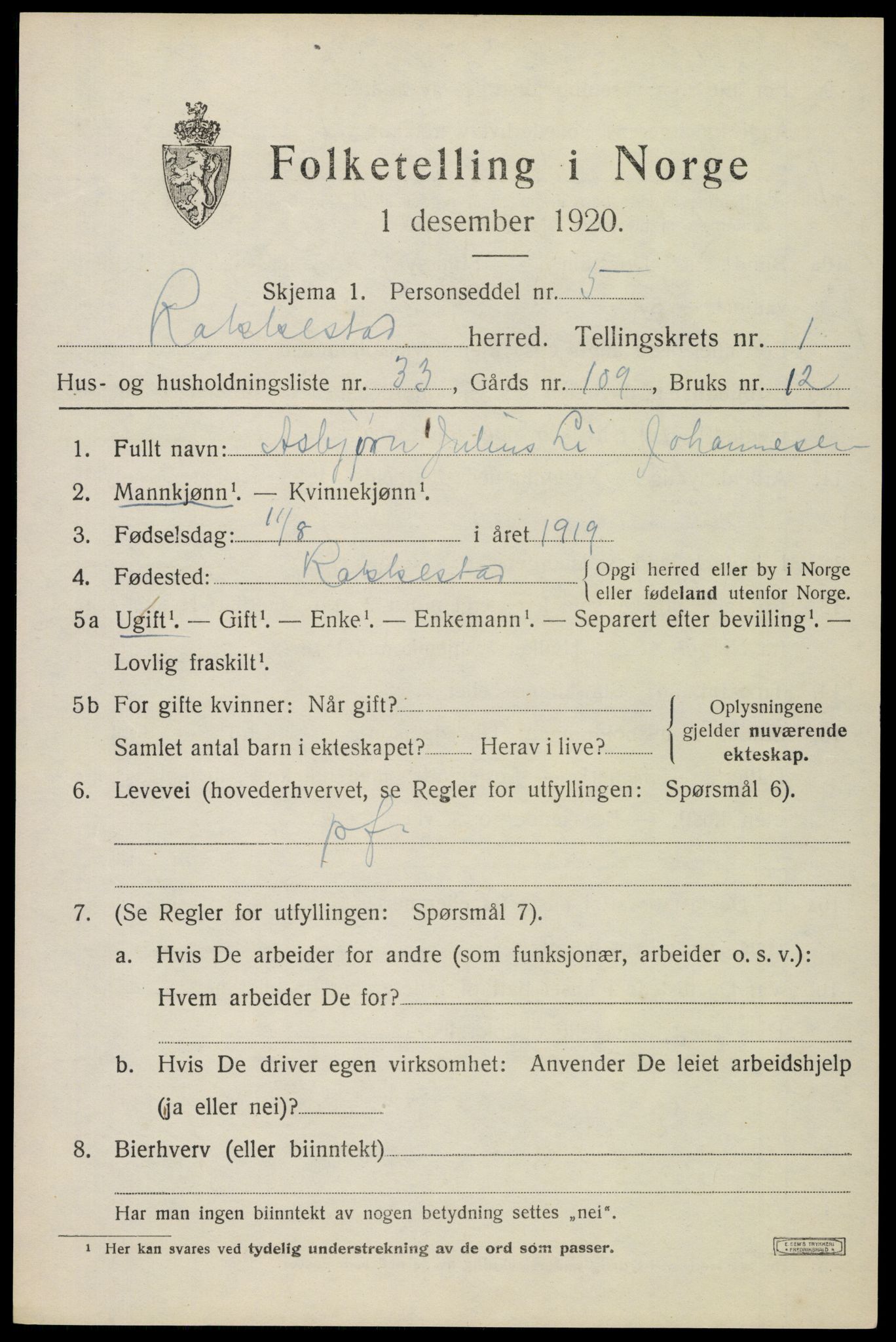 SAO, 1920 census for Rakkestad, 1920, p. 2049