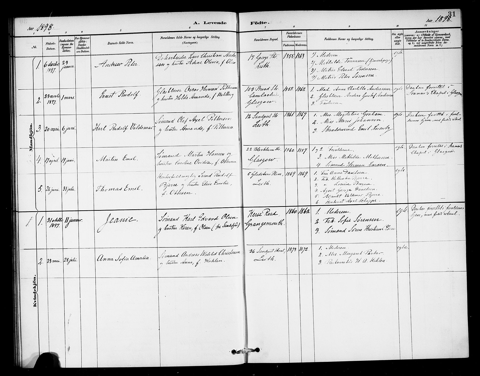 Den norske sjømannsmisjon i utlandet/Skotske havner (Leith, Glasgow), SAB/SAB/PA-0100/H/Ha/Haa/L0003: Parish register (official) no. A 3, 1887-1898, p. 31