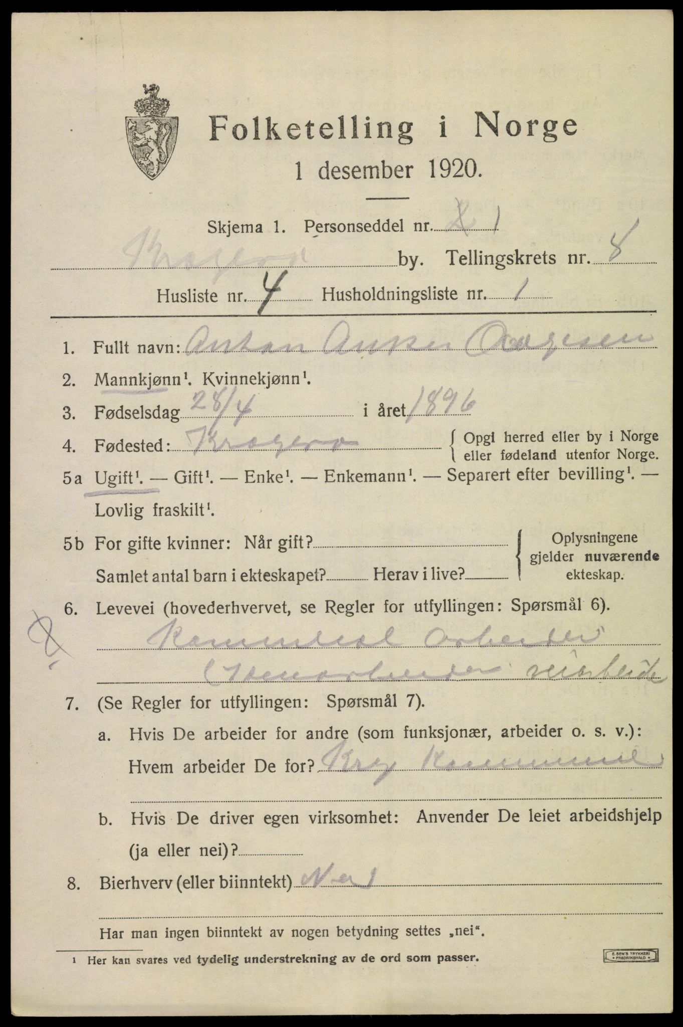 SAKO, 1920 census for Kragerø, 1920, p. 11123