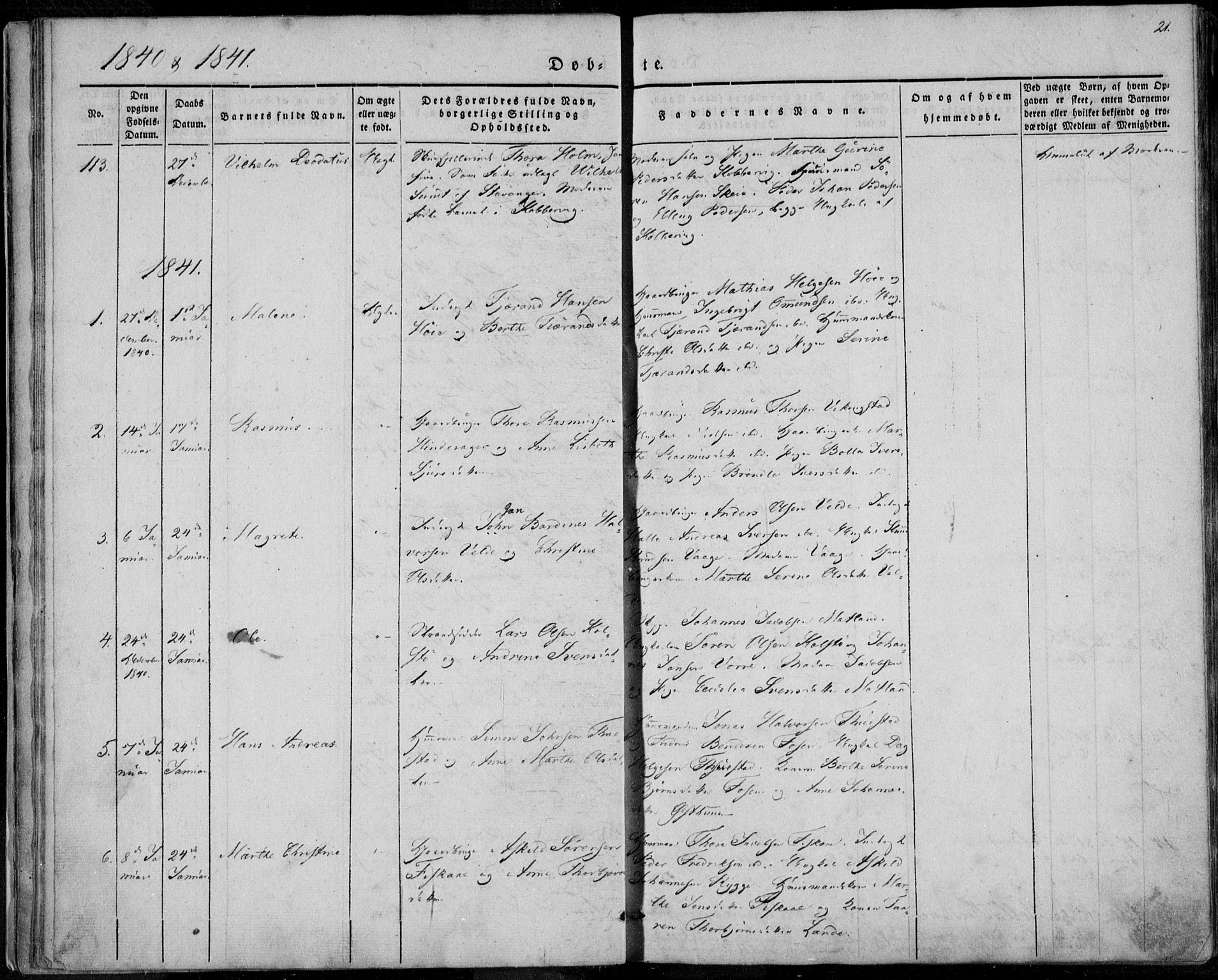 Avaldsnes sokneprestkontor, SAST/A -101851/H/Ha/Haa/L0006: Parish register (official) no. A 6, 1839-1847, p. 21