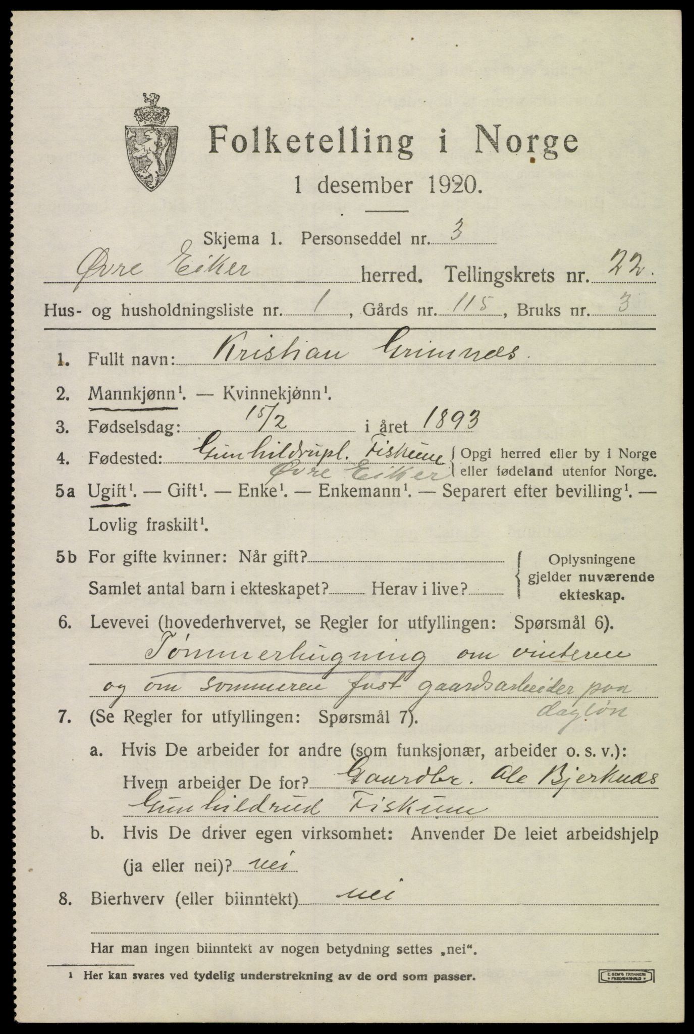 SAKO, 1920 census for Øvre Eiker, 1920, p. 22696