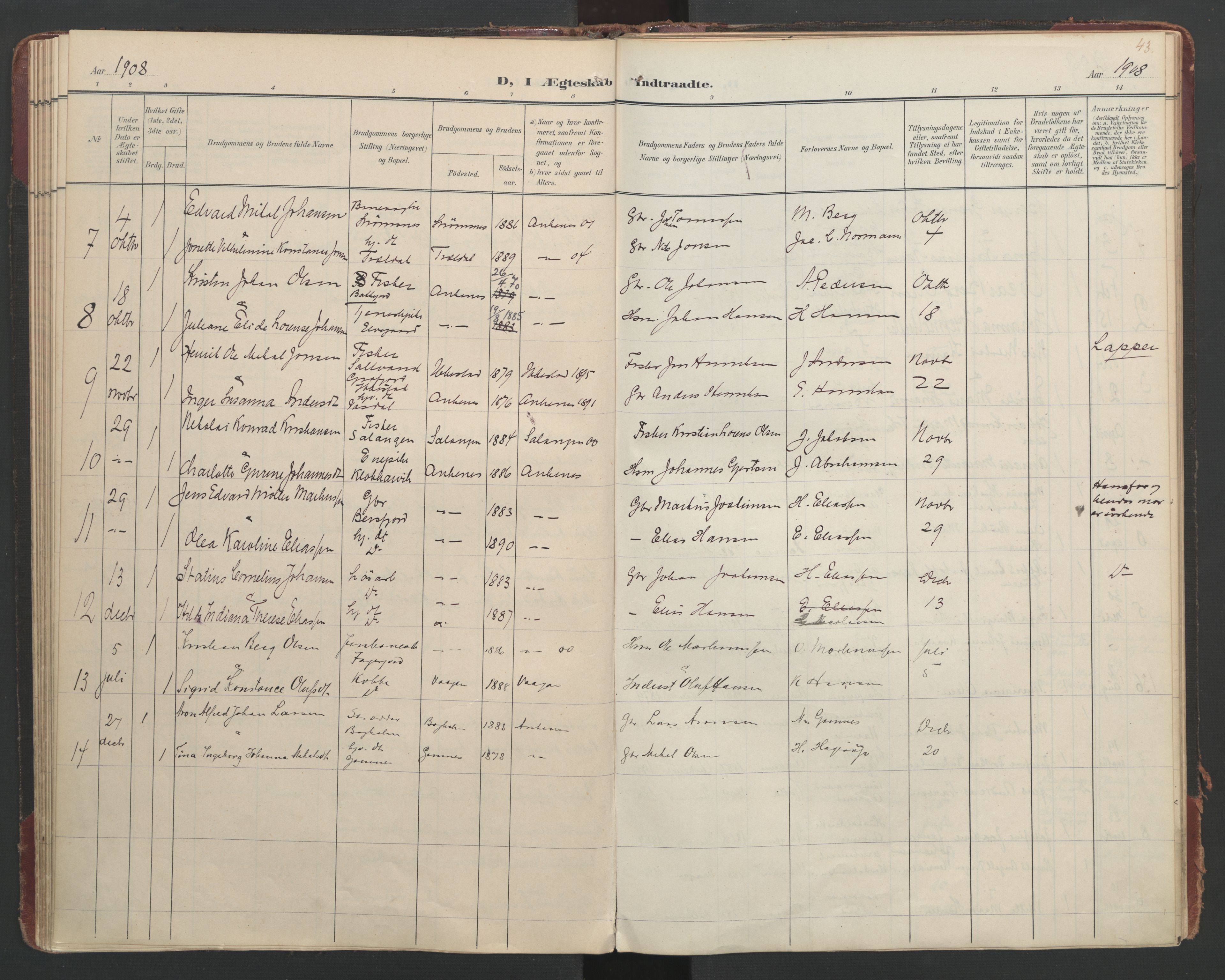 Ministerialprotokoller, klokkerbøker og fødselsregistre - Nordland, AV/SAT-A-1459/866/L0942: Parish register (official) no. 866A05, 1901-1928, p. 43