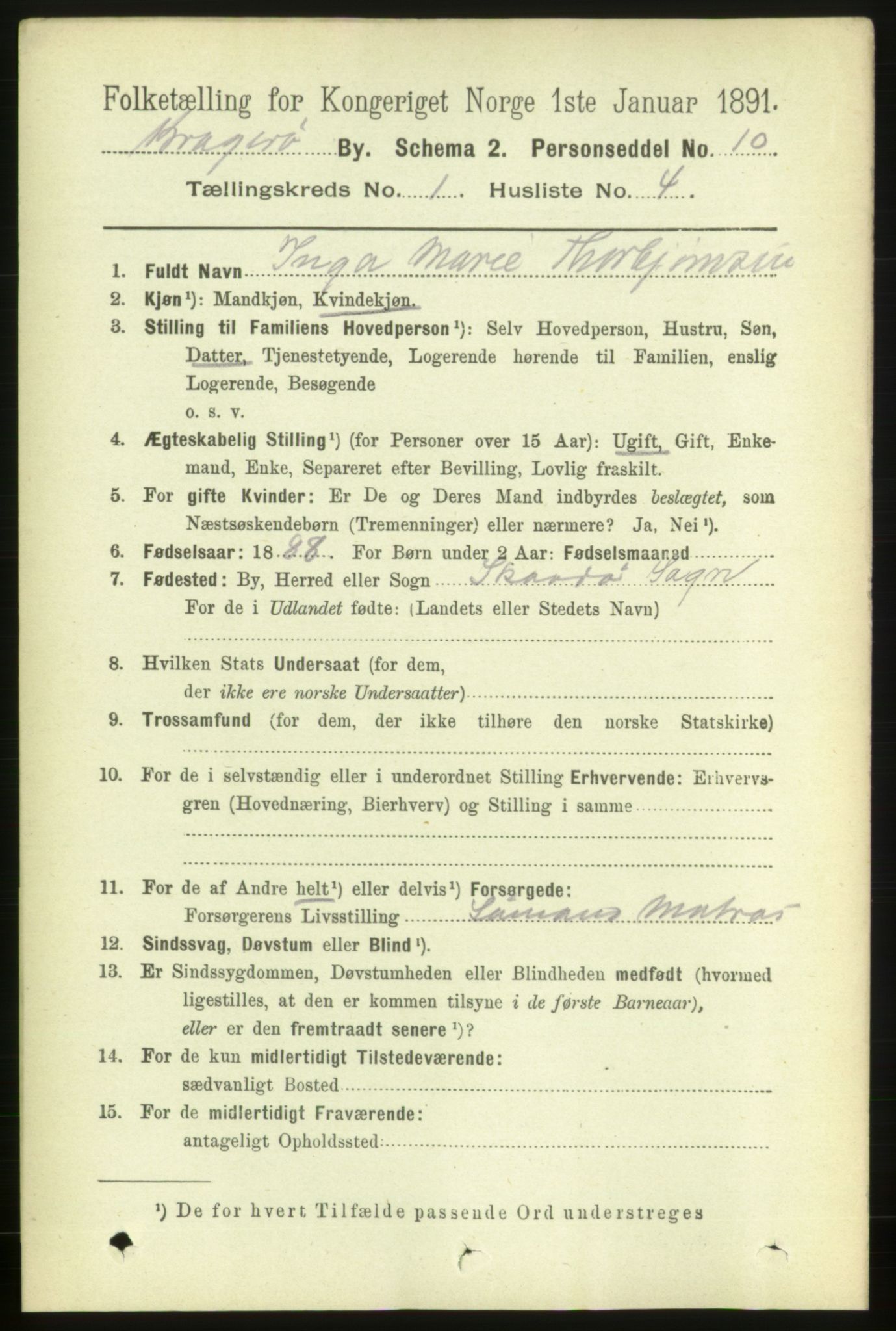 RA, 1891 census for 0801 Kragerø, 1891, p. 1698