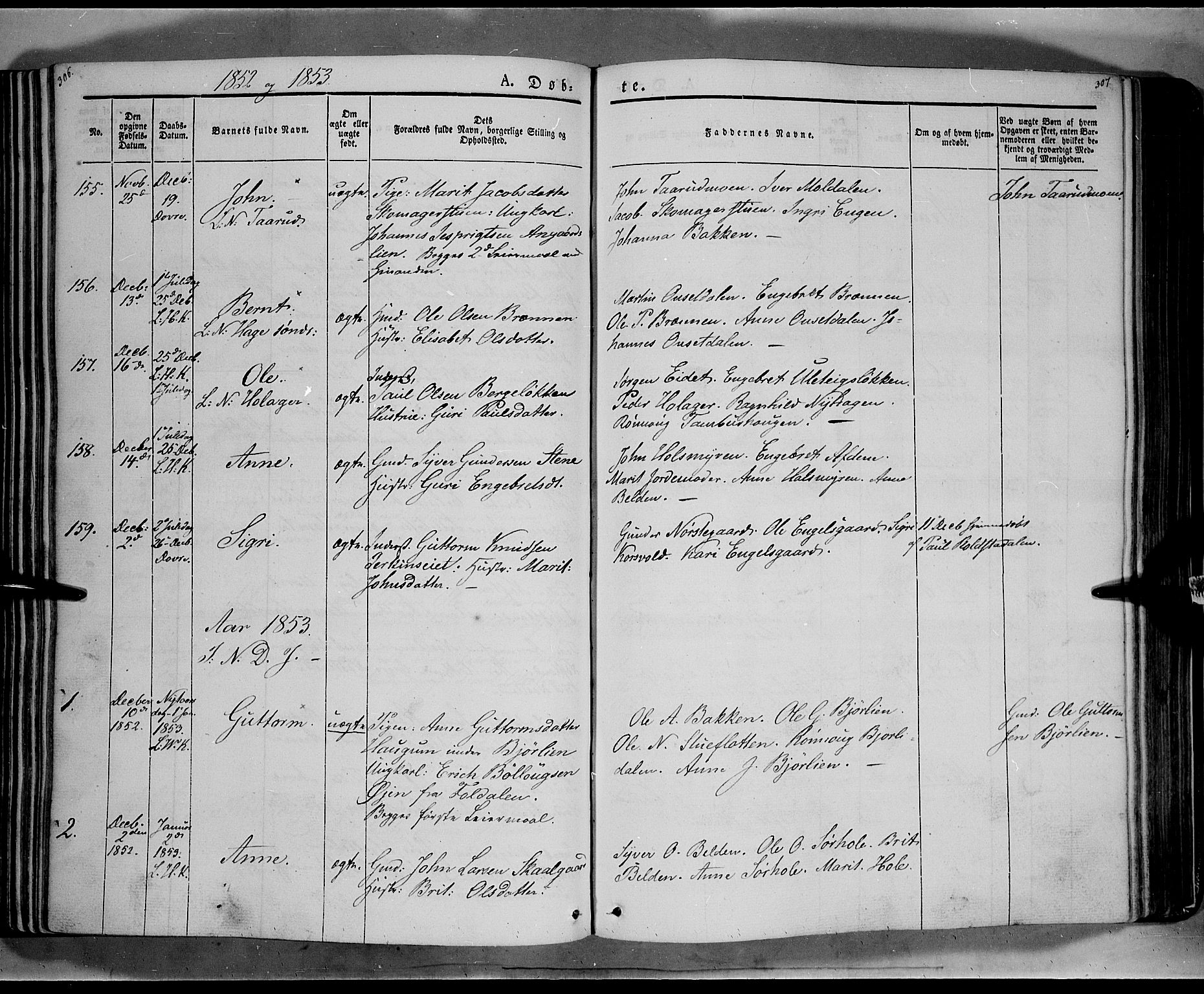 Lesja prestekontor, SAH/PREST-068/H/Ha/Haa/L0006: Parish register (official) no. 6A, 1843-1854, p. 306-307
