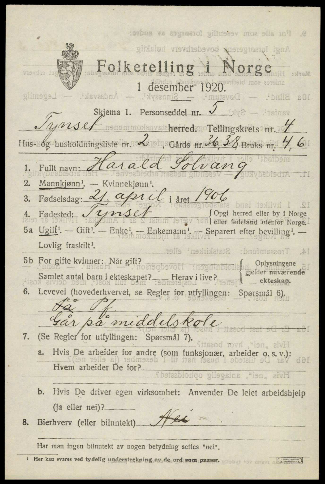 SAH, 1920 census for Tynset, 1920, p. 3194