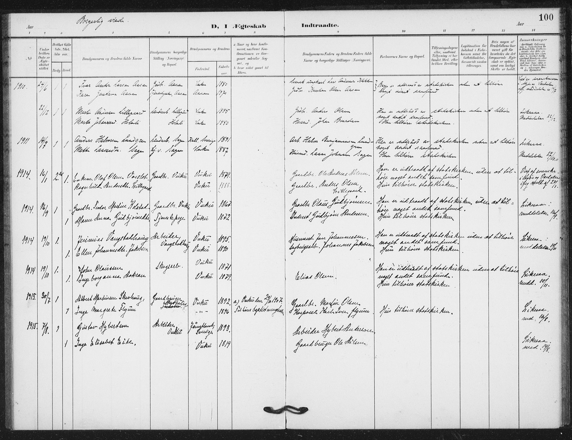 Ministerialprotokoller, klokkerbøker og fødselsregistre - Nord-Trøndelag, SAT/A-1458/724/L0264: Parish register (official) no. 724A02, 1908-1915, p. 100