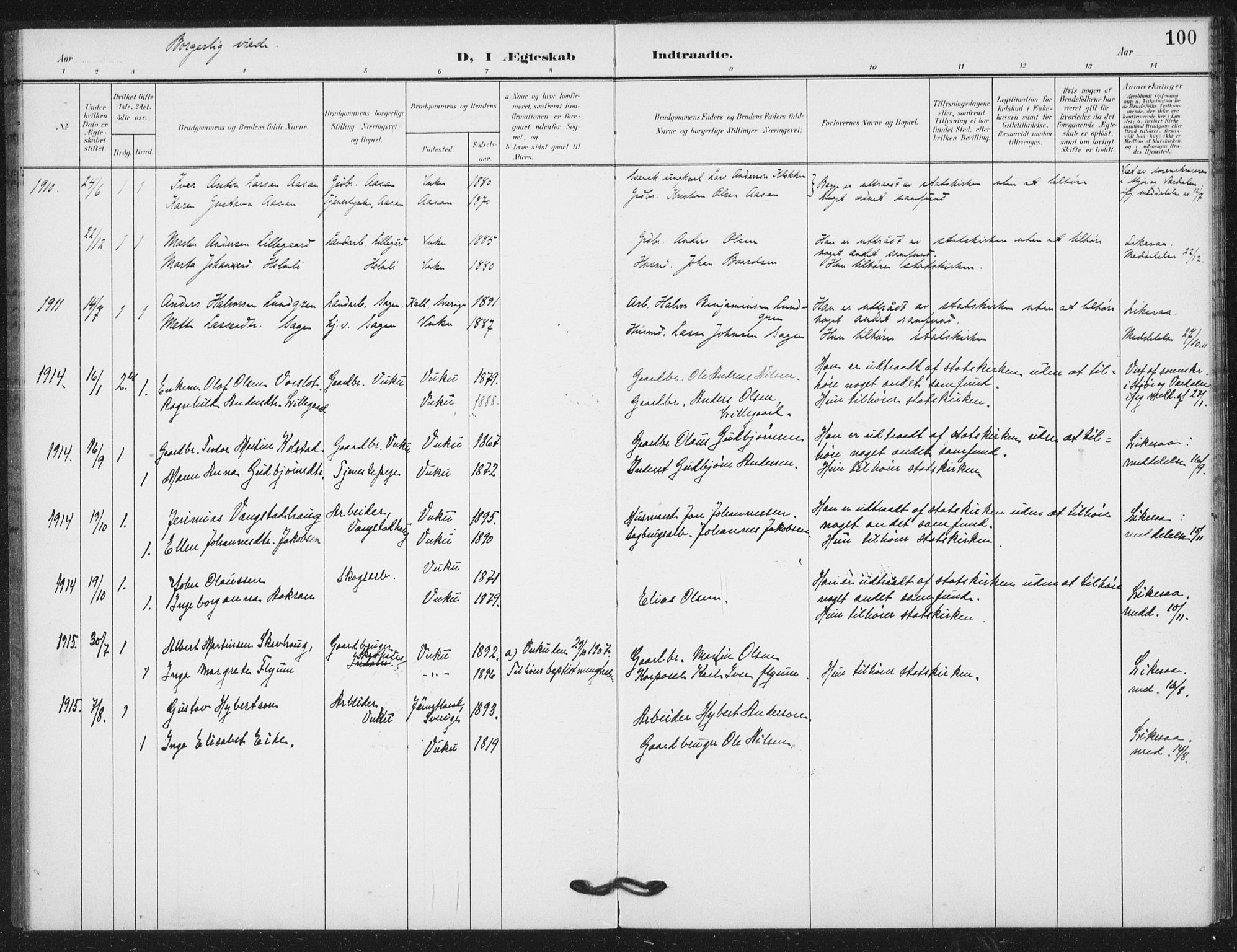 Ministerialprotokoller, klokkerbøker og fødselsregistre - Nord-Trøndelag, AV/SAT-A-1458/724/L0264: Parish register (official) no. 724A02, 1908-1915, p. 100