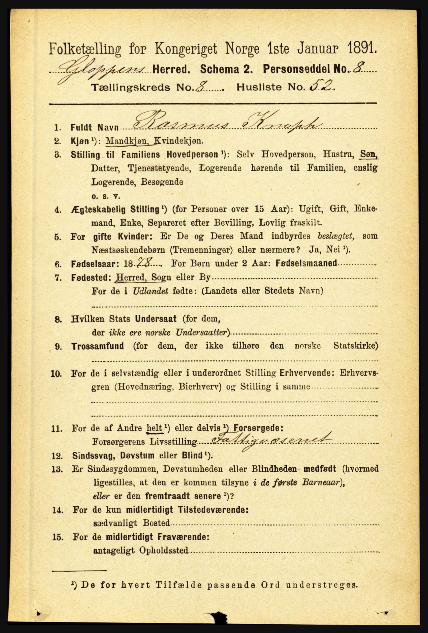 RA, 1891 census for 1445 Gloppen, 1891, p. 3500