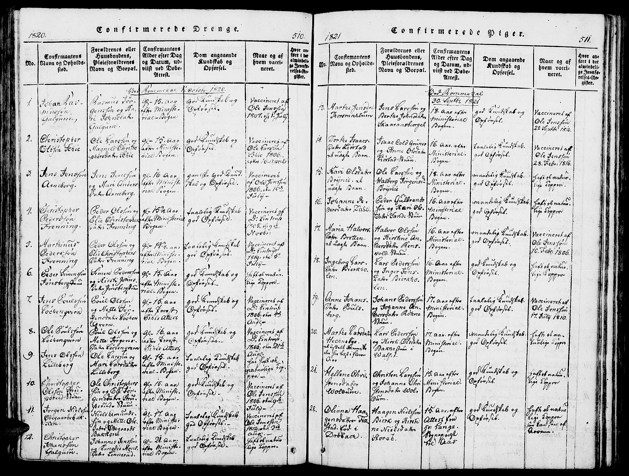 Romedal prestekontor, SAH/PREST-004/K/L0002: Parish register (official) no. 2, 1814-1828, p. 510-511