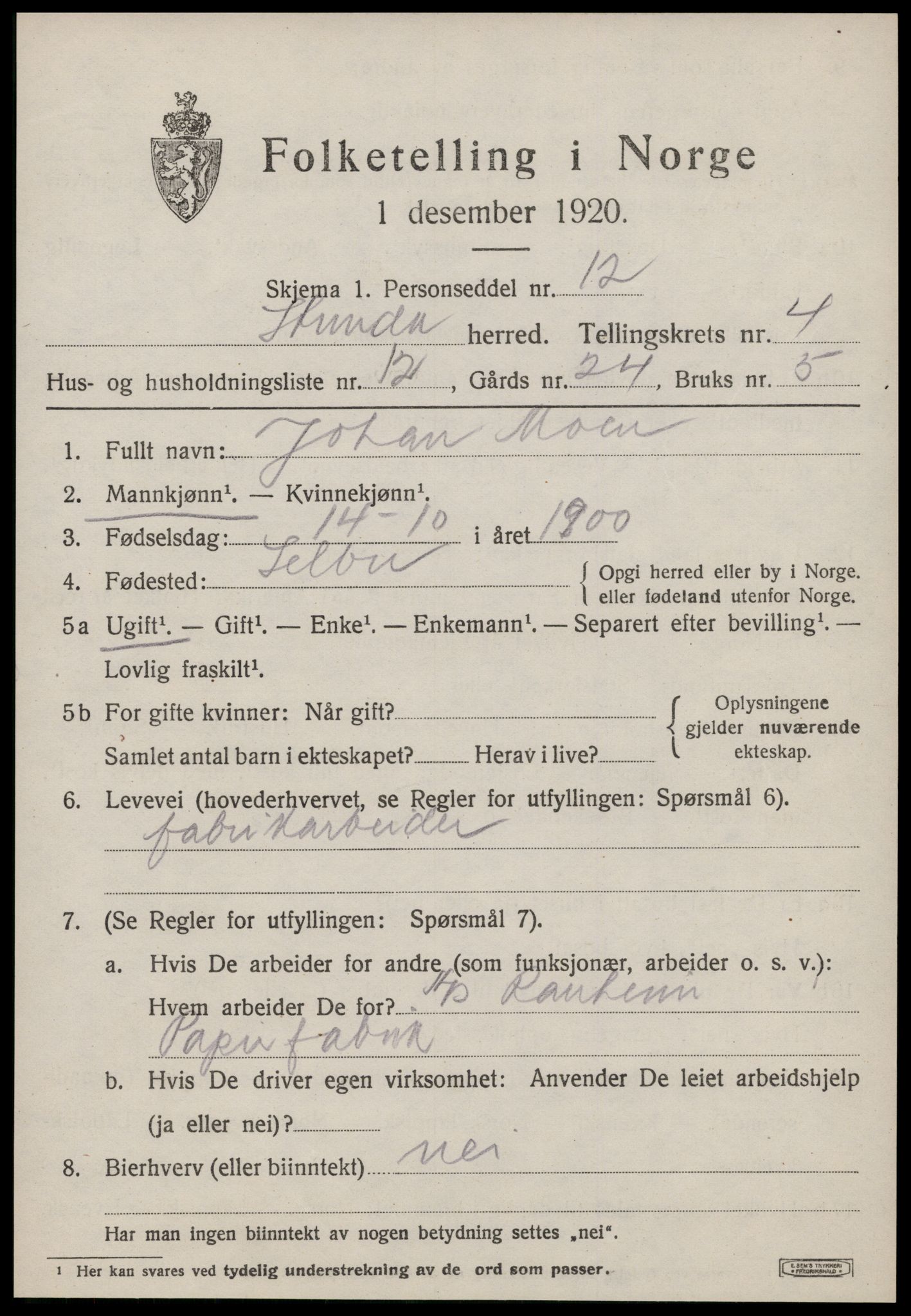 SAT, 1920 census for Strinda, 1920, p. 12914