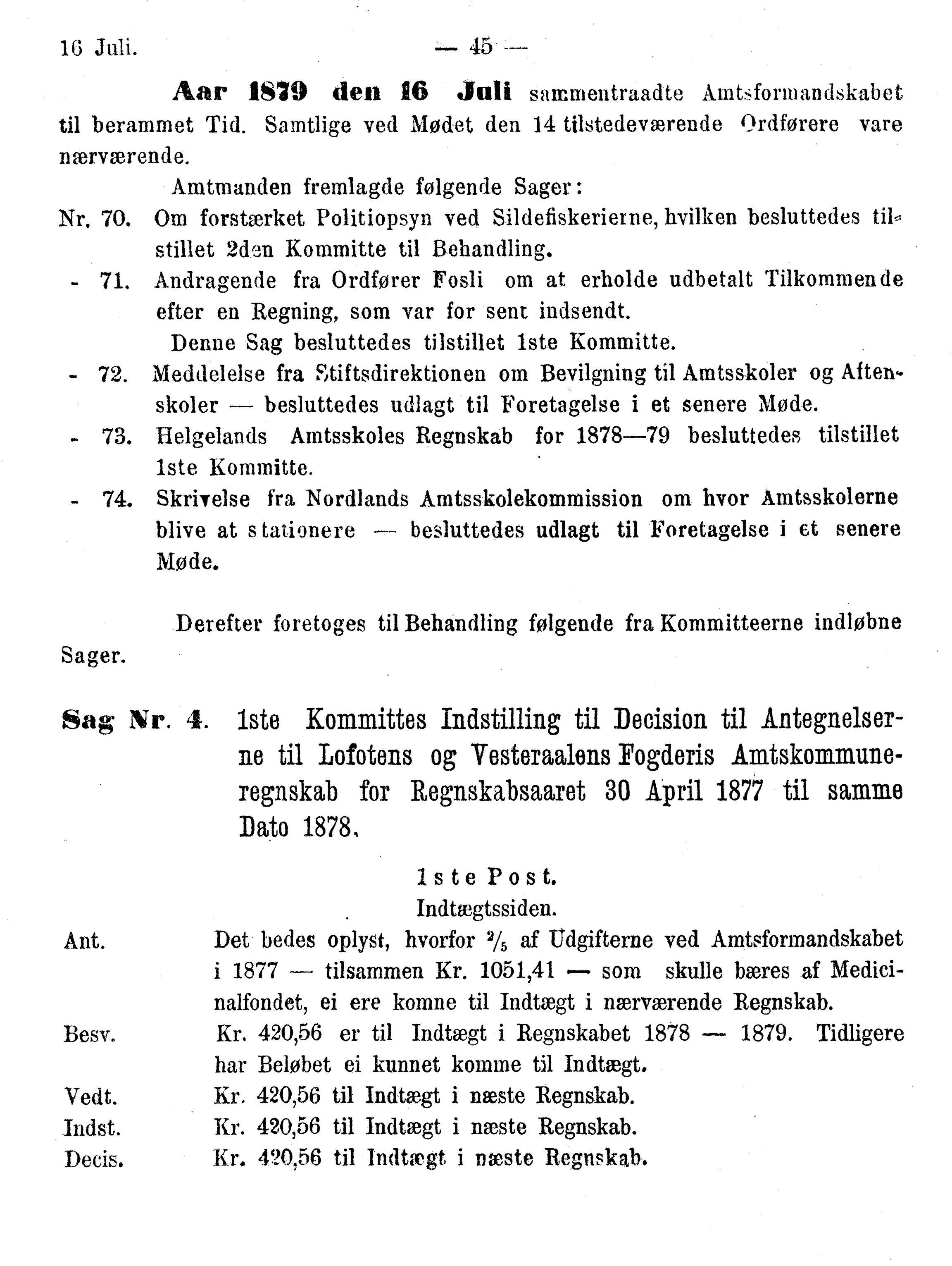 Nordland Fylkeskommune. Fylkestinget, AIN/NFK-17/176/A/Ac/L0010: Fylkestingsforhandlinger 1874-1880, 1874-1880, p. 45