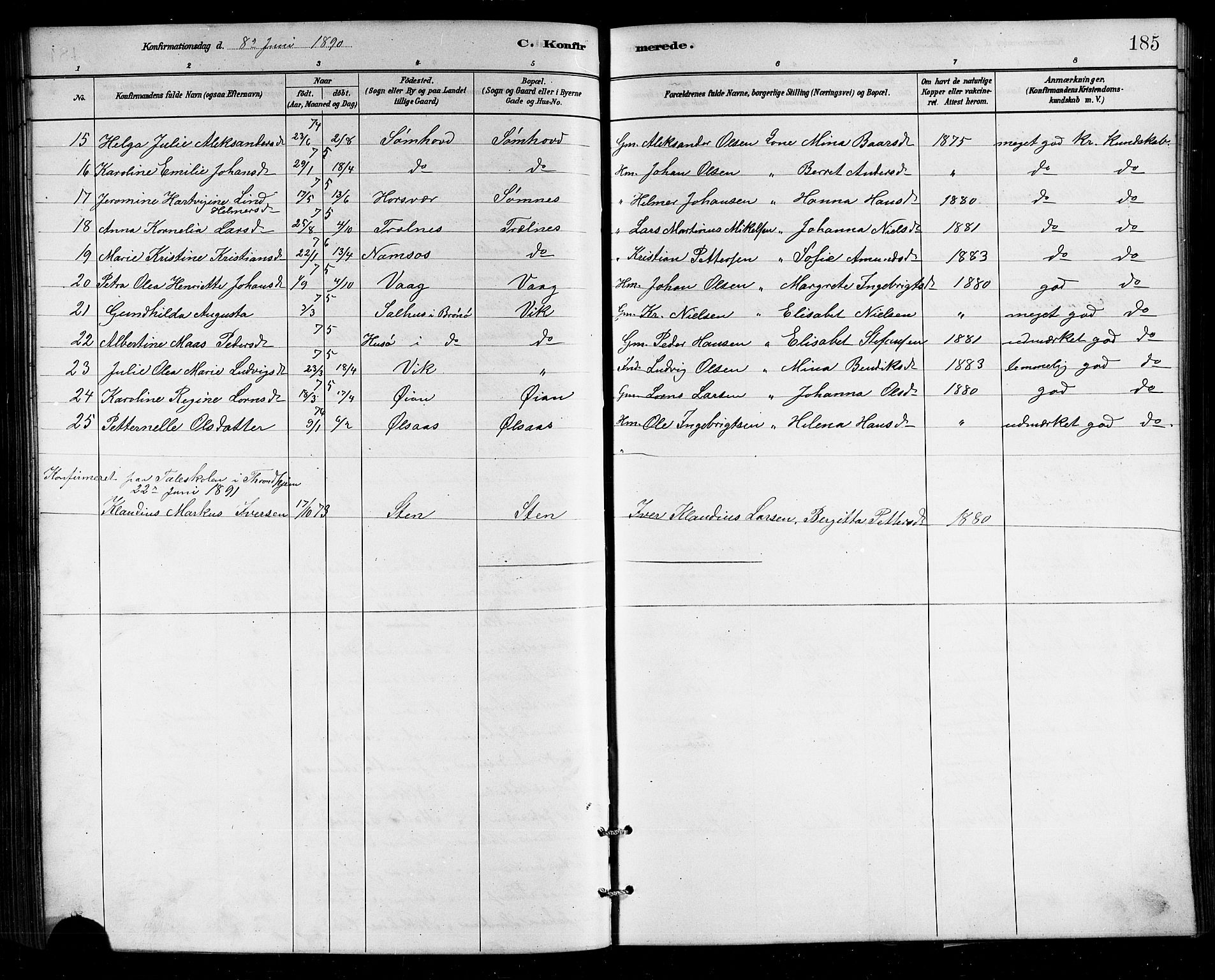 Ministerialprotokoller, klokkerbøker og fødselsregistre - Nordland, SAT/A-1459/812/L0188: Parish register (copy) no. 812C06, 1884-1912, p. 185