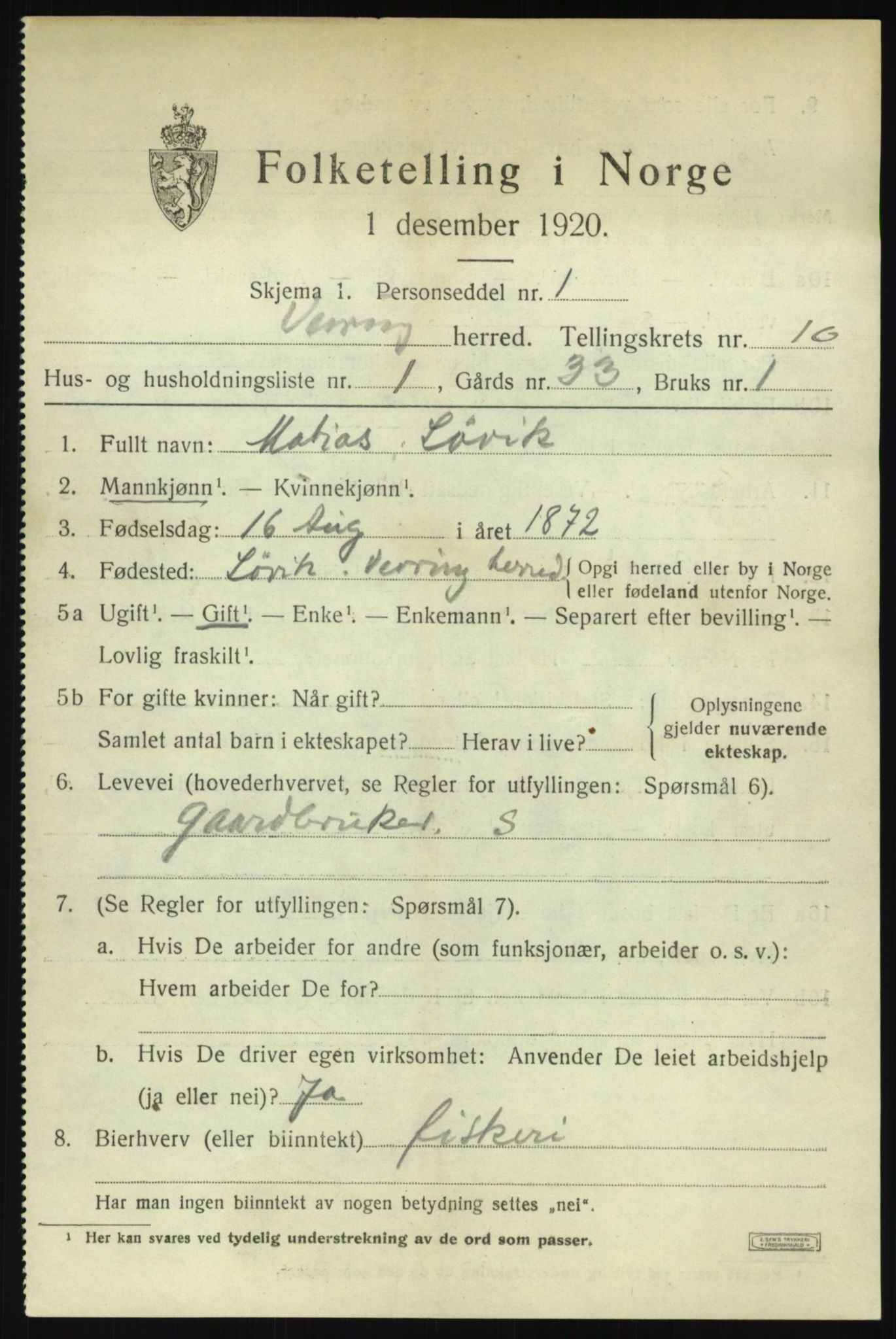 SAB, 1920 census for Vevring, 1920, p. 2526