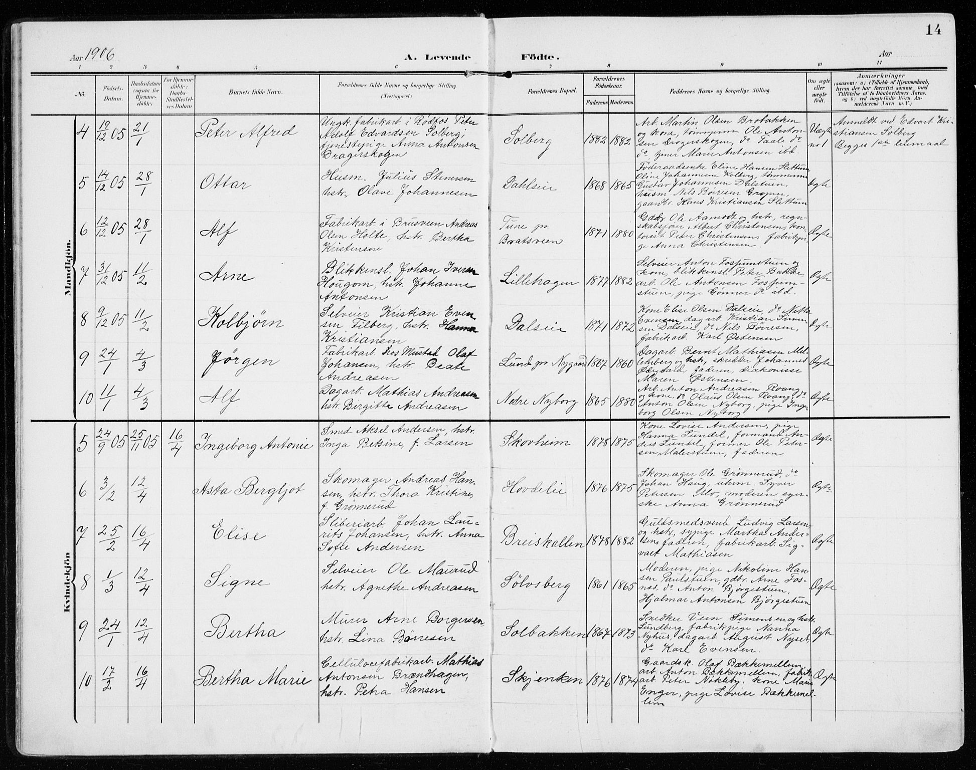 Vardal prestekontor, SAH/PREST-100/H/Ha/Haa/L0016: Parish register (official) no. 16, 1904-1916, p. 14