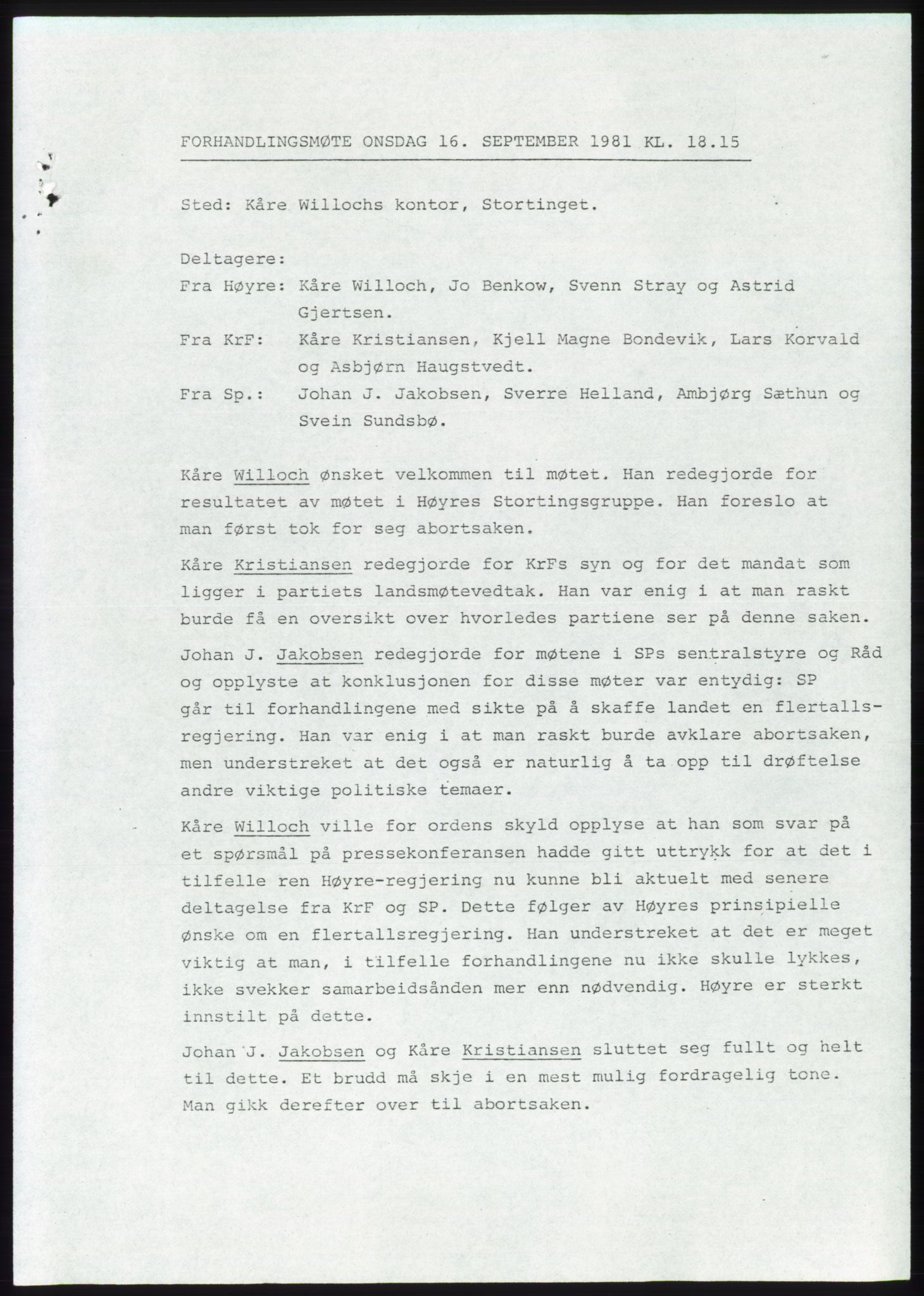 Forhandlingsmøtene 1981 mellom Høyre, KrF og Senterpartiet om dannelse av regjering, AV/RA-PA-0695/A/L0001: Forhandlingsprotokoll, 1981, p. 2
