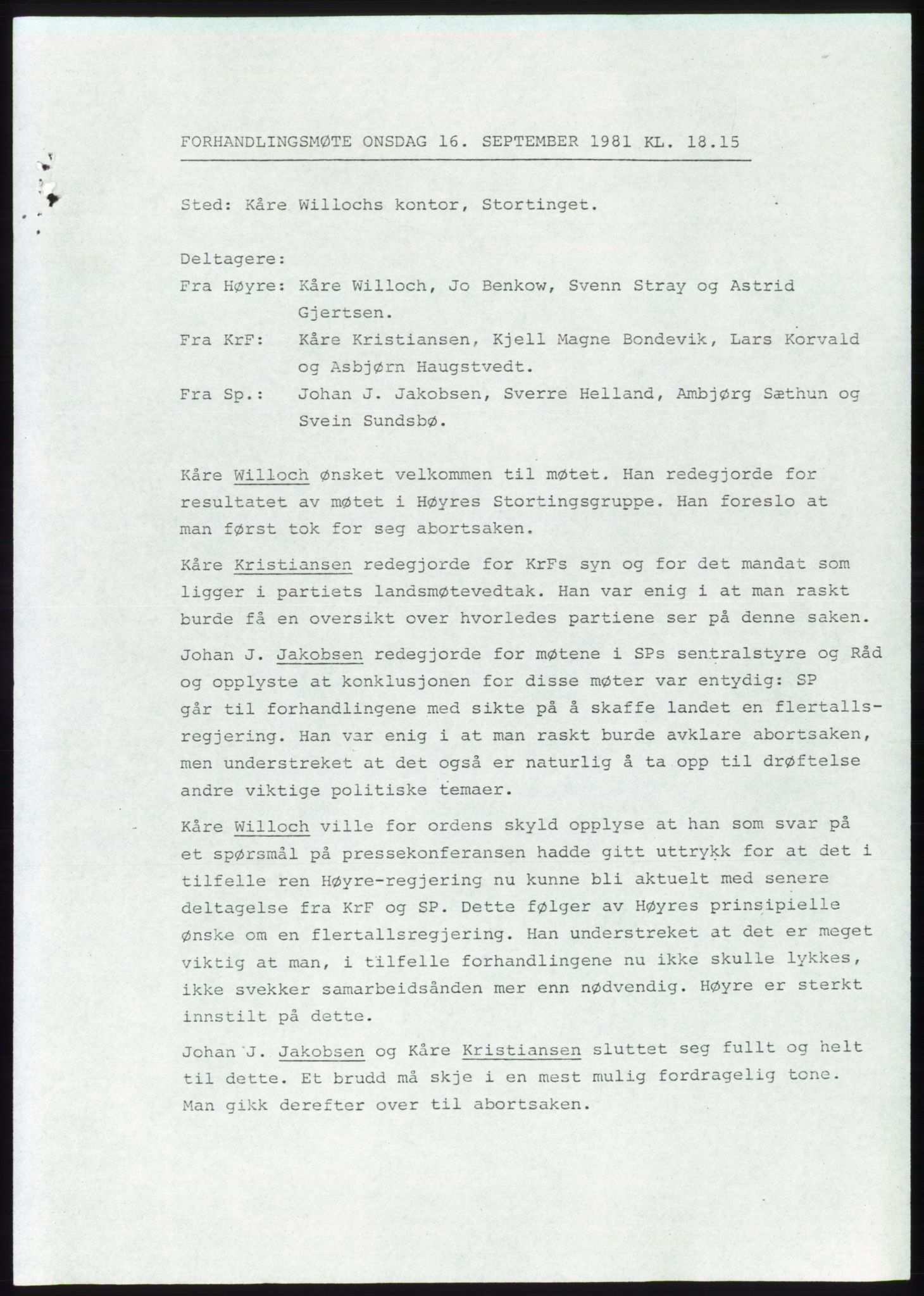 Forhandlingsmøtene 1981 mellom Høyre, KrF og Senterpartiet om dannelse av regjering, AV/RA-PA-0695/A/L0001: Forhandlingsprotokoll, 1981, p. 2