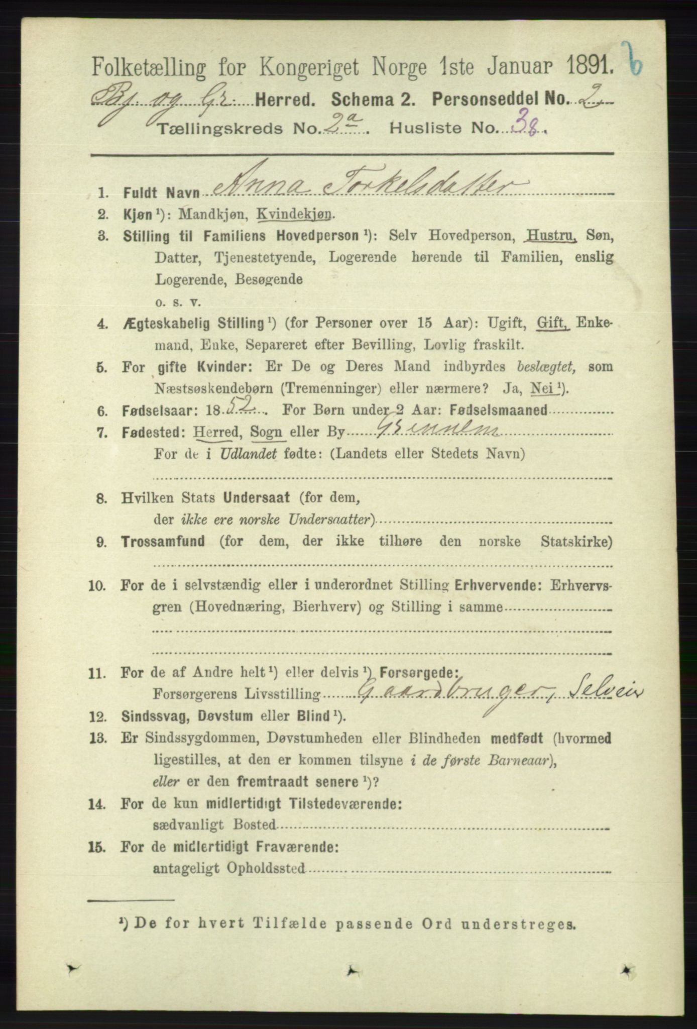 RA, 1891 census for 1024 Bjelland og Grindheim, 1891, p. 536
