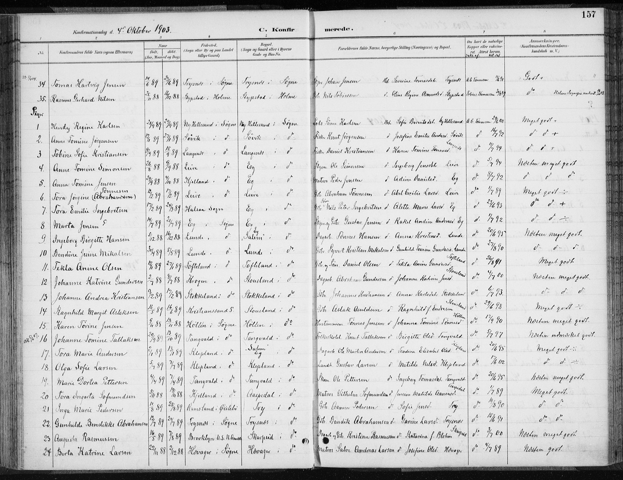 Søgne sokneprestkontor, SAK/1111-0037/F/Fa/Fab/L0013: Parish register (official) no. A 13, 1892-1911, p. 157