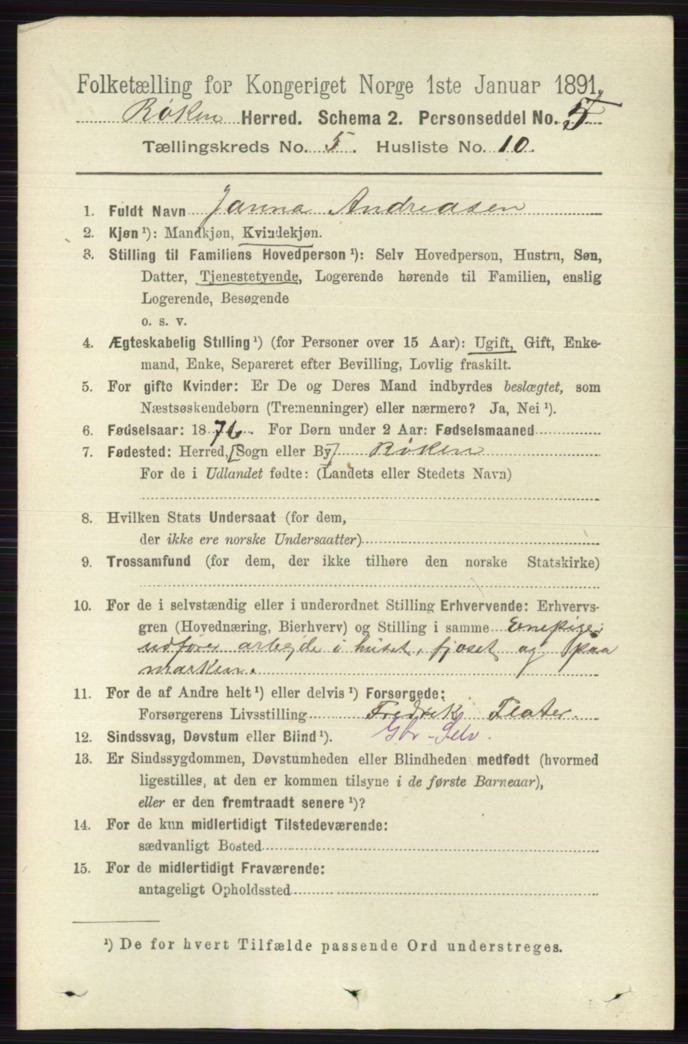 RA, 1891 census for 0627 Røyken, 1891, p. 2939