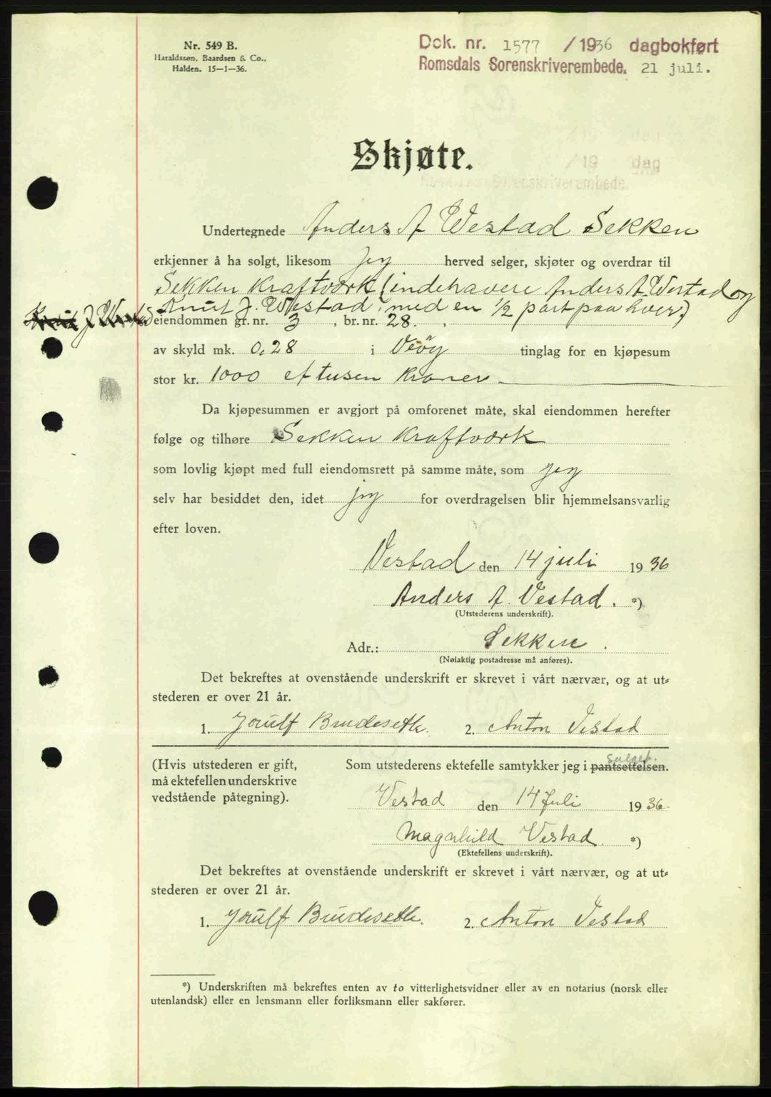 Romsdal sorenskriveri, AV/SAT-A-4149/1/2/2C: Mortgage book no. A1, 1936-1936, Diary no: : 1577/1936