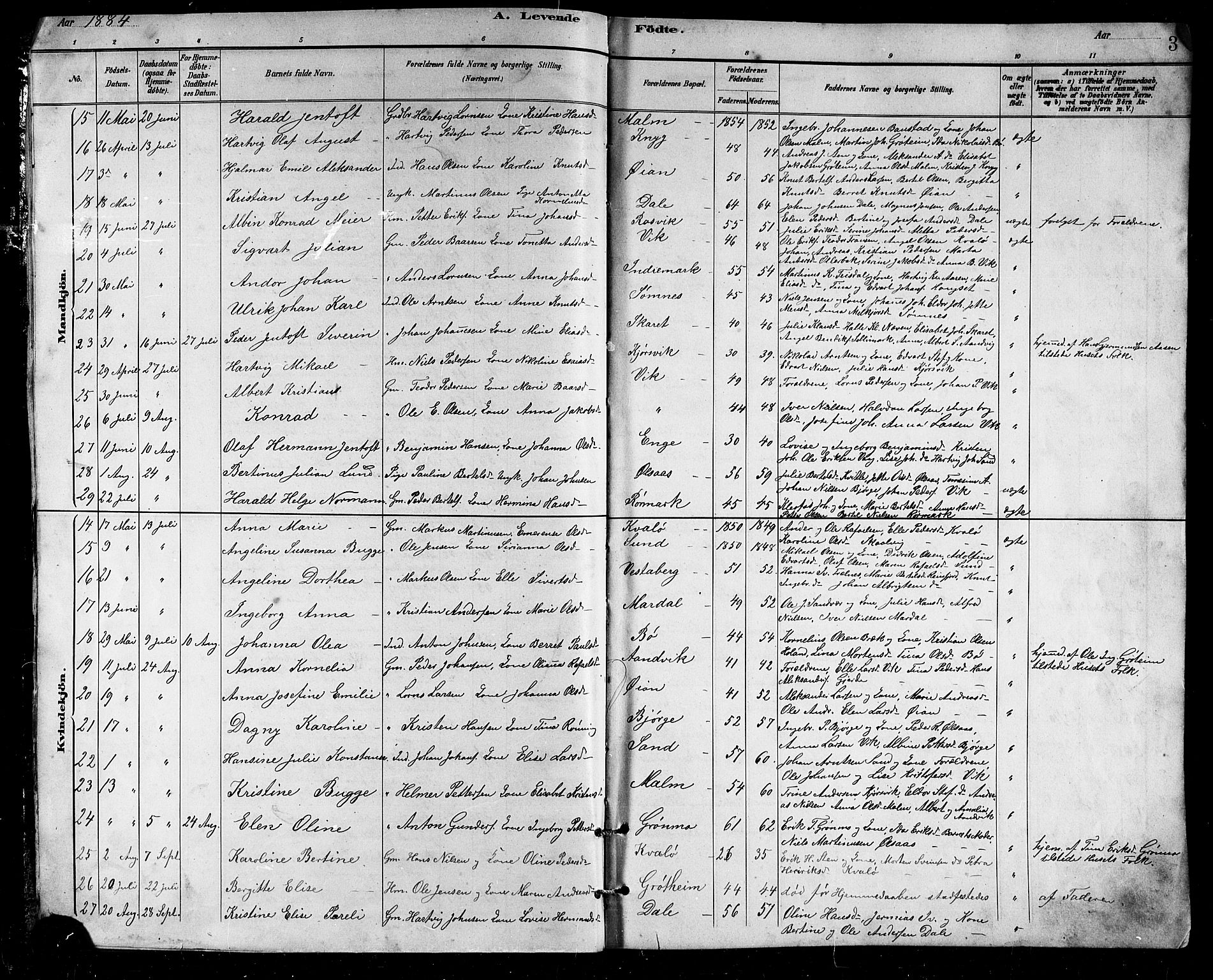 Ministerialprotokoller, klokkerbøker og fødselsregistre - Nordland, SAT/A-1459/812/L0188: Parish register (copy) no. 812C06, 1884-1912, p. 3