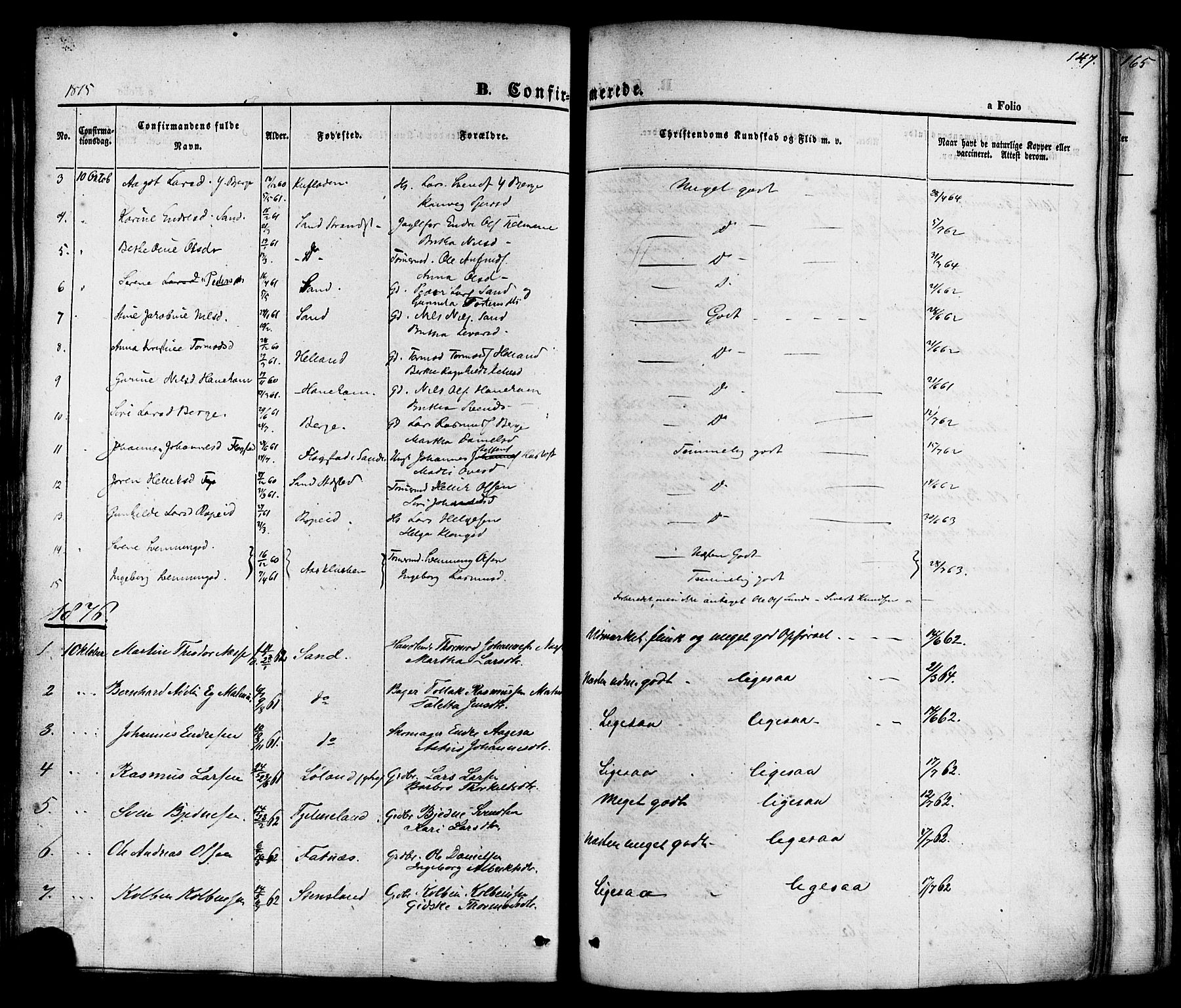 Sand sokneprestkontor, AV/SAST-A-101848/01/III/L0003: Parish register (official) no. A 3, 1854-1879, p. 147