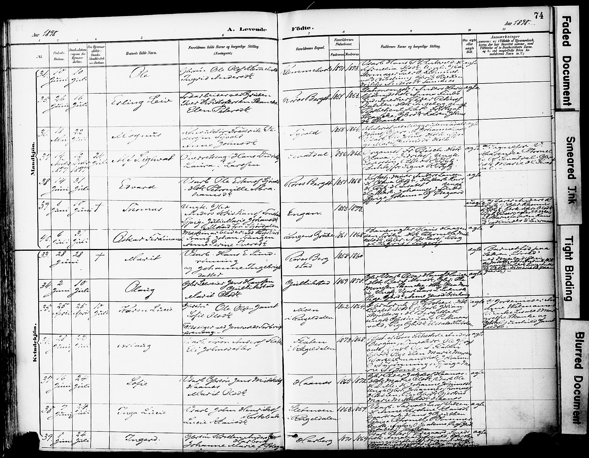 Ministerialprotokoller, klokkerbøker og fødselsregistre - Sør-Trøndelag, AV/SAT-A-1456/681/L0935: Parish register (official) no. 681A13, 1890-1898, p. 74