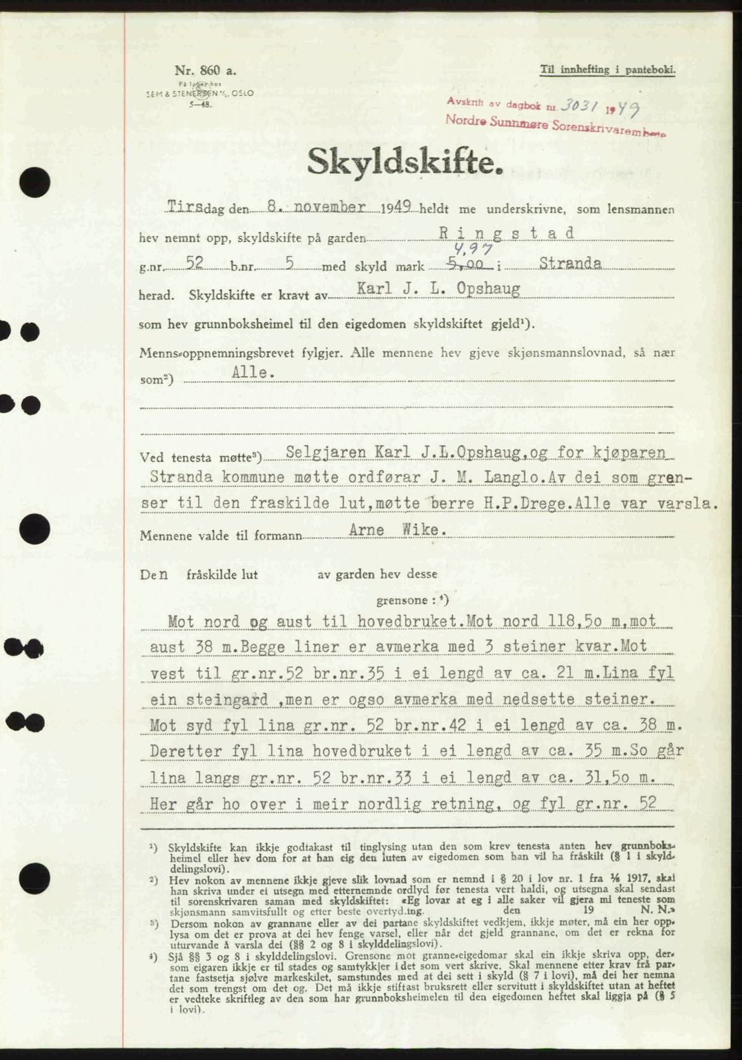 Nordre Sunnmøre sorenskriveri, AV/SAT-A-0006/1/2/2C/2Ca: Mortgage book no. A33, 1949-1950, Diary no: : 3031/1949