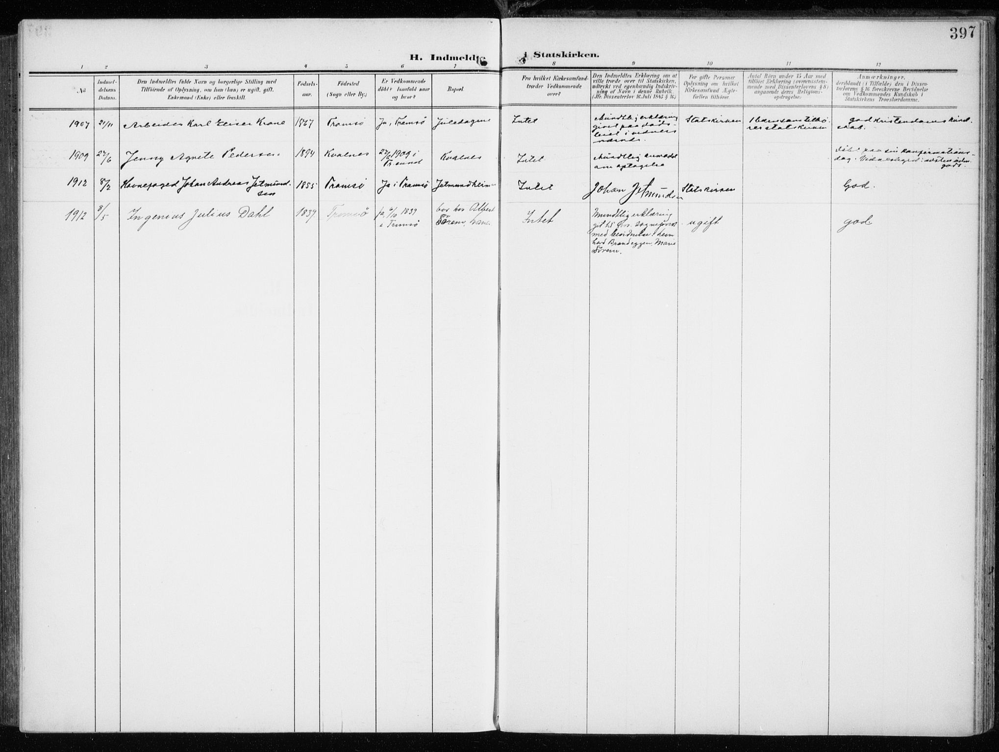 Tromsøysund sokneprestkontor, SATØ/S-1304/G/Ga/L0007kirke: Parish register (official) no. 7, 1907-1914, p. 397
