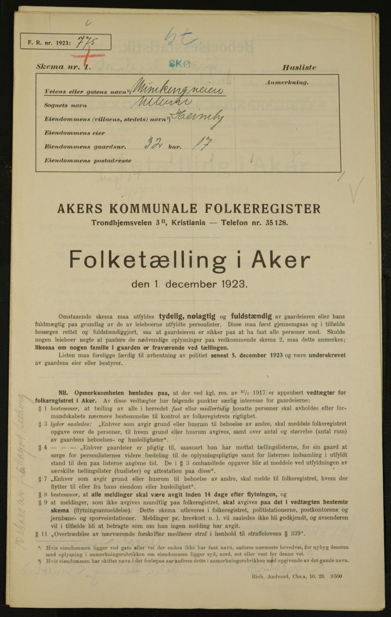 , Municipal Census 1923 for Aker, 1923, p. 4756