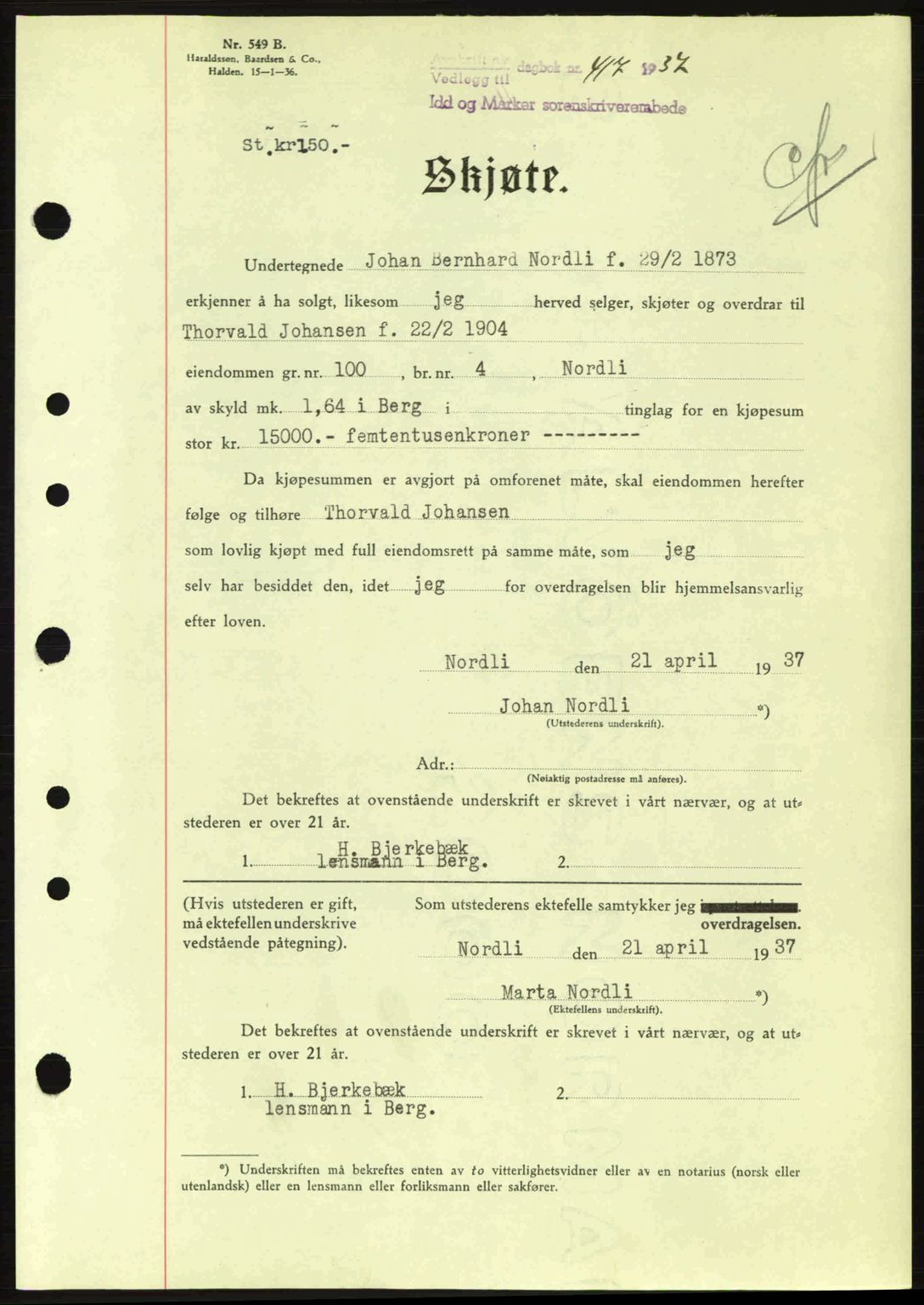 Idd og Marker sorenskriveri, AV/SAO-A-10283/G/Gb/Gbb/L0001: Mortgage book no. A1, 1936-1937, Diary no: : 417/1937